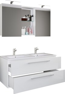 VCM 3-tlg. Doppel Waschplatz | 2x Waschtisch | Badmöbel Set mit Unterschrank, Waschbecken und Spiegelschrank | Doppelwaschbecken | Komplettset Budasi SC 