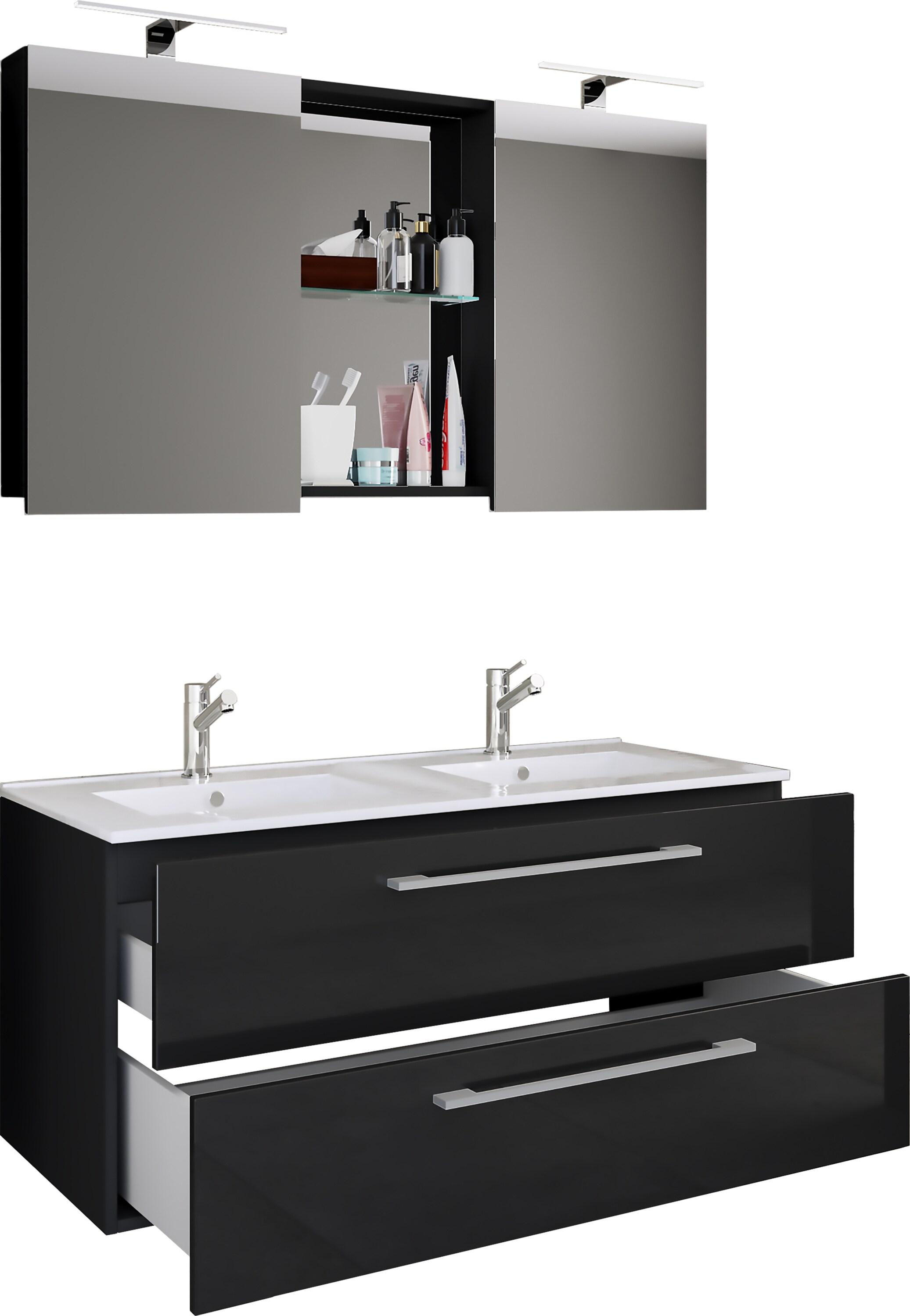 VCM 3-tlg. Doppel Waschplatz | 2x Waschtisch | Badm&ouml;bel Set mit Unterschrank, Waschbecken und Spiegelschrank | Doppelwaschbecken | Komplettset Budasi SC 