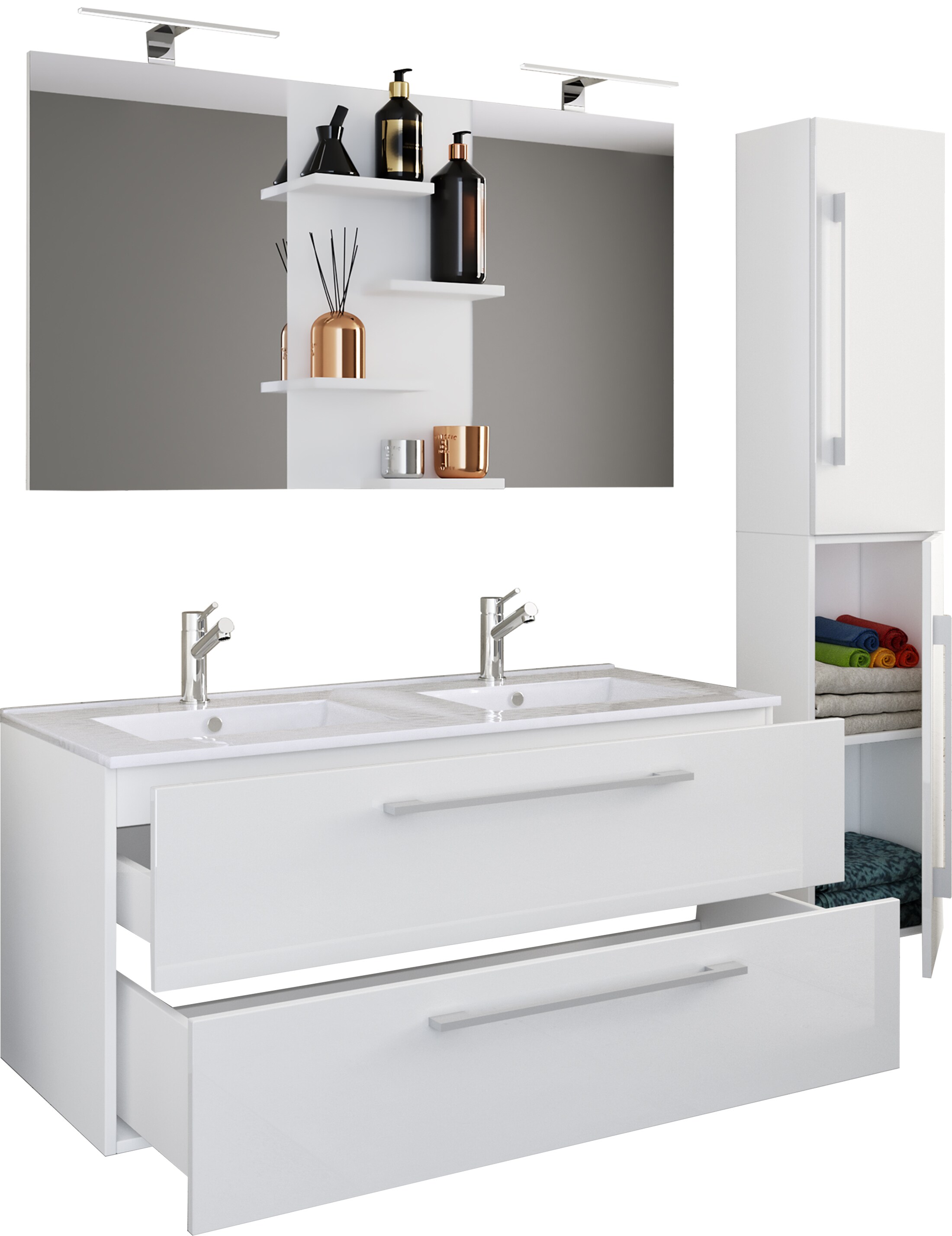 VCM 4-tlg. Doppel Waschplatz | 2x Waschtisch | Badm&ouml;bel Set mit Unterschrank, Waschbecken, Hochschrank und Spiegel | Doppelwaschbecken | Komplettset Budasi SP 