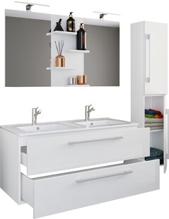 VCM 4-tlg. Doppel Waschplatz | 2x Waschtisch | Badmöbel Set mit Unterschrank, Waschbecken, Hochschrank und Spiegel | Doppelwaschbecken | Komplettset Budasi SP 