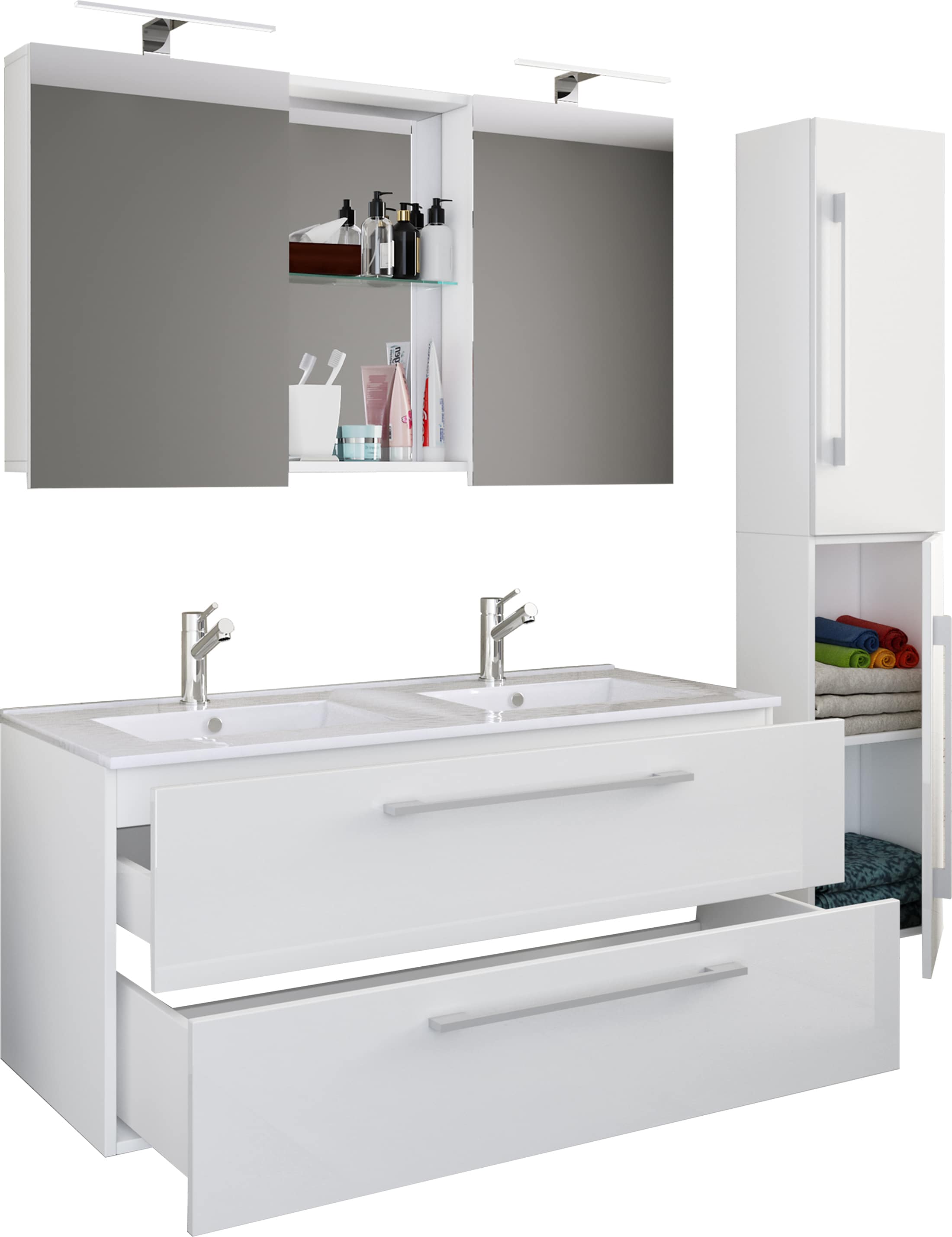 VCM 4-tlg. Doppel Waschplatz | 2x Waschtisch | Badm&ouml;bel Set mit Unterschrank, Waschbecken, Hochschrank und Spiegelschrank | Doppelwaschbecken | Komplettset Budasi SC 