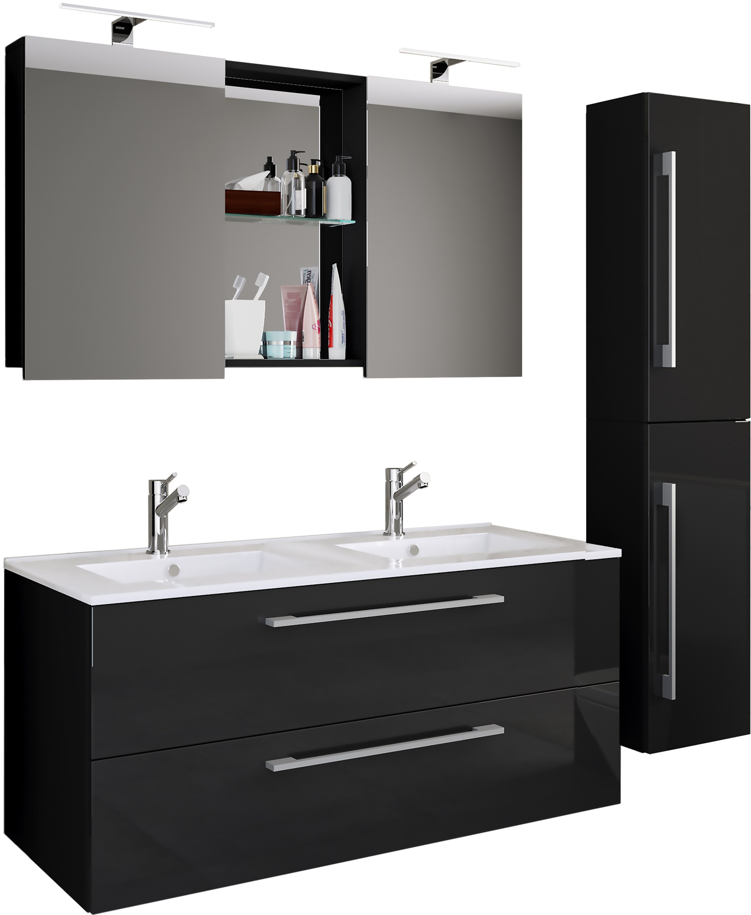 VCM 4-tlg. Doppel Waschplatz | 2x Waschtisch | Badm&ouml;bel Set mit Unterschrank, Waschbecken, Hochschrank und Spiegelschrank | Doppelwaschbecken | Komplettset Budasi SC 