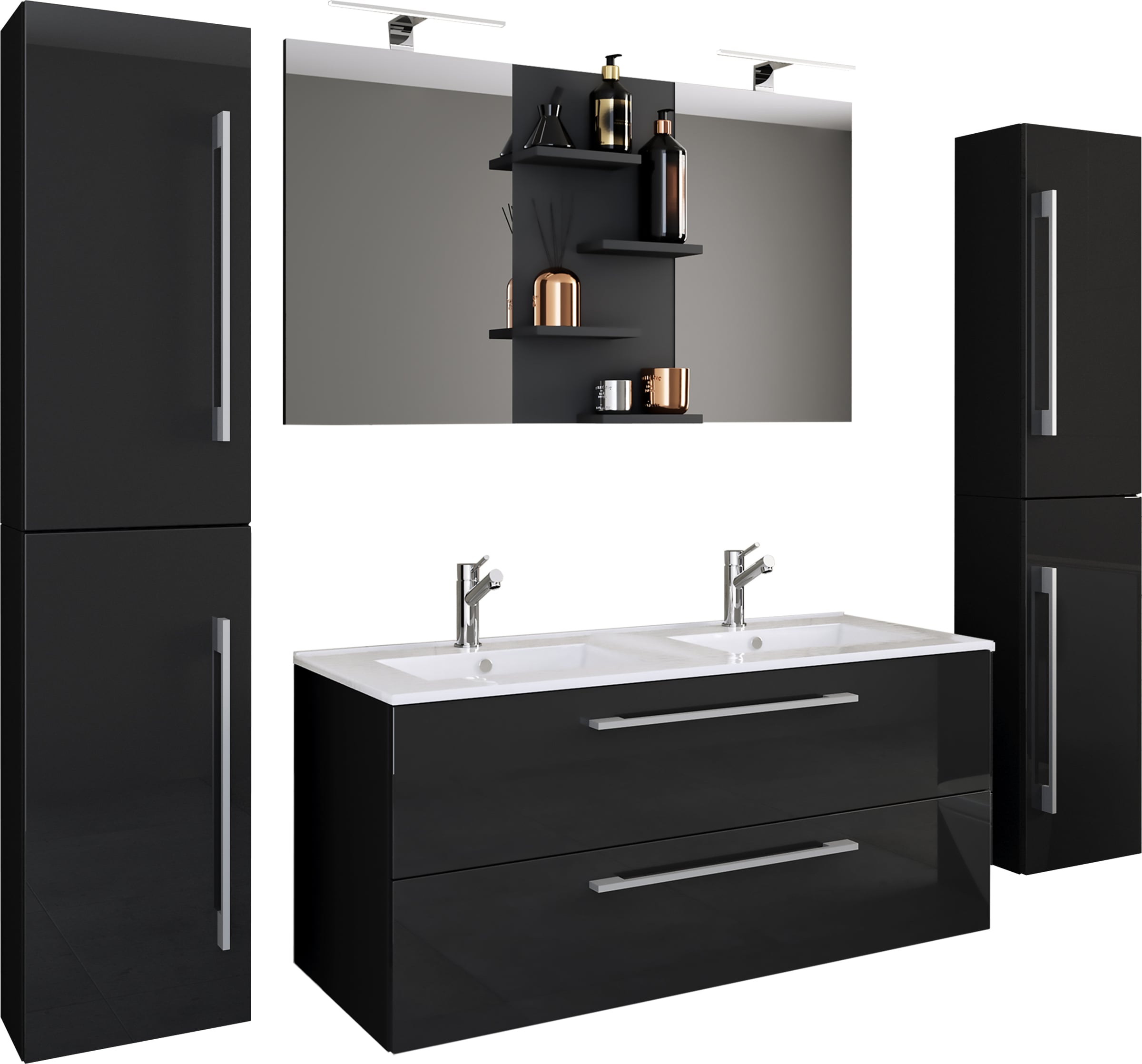 VCM 5-tlg. Doppel Waschplatz | 2x Waschtisch | Badm&ouml;bel Set mit Unterschrank, Waschbecken, 2x Hochschrank und Spiegel | Doppelwaschbecken | Komplettset Budasi SP 