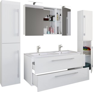 VCM 5-tlg. Doppel Waschplatz | 2x Waschtisch | Badmöbel Set mit Unterschrank, Waschbecken, 2x Hochschrank und Spiegelschrank | Doppelwaschbecken | Komplettset Budasi SC 