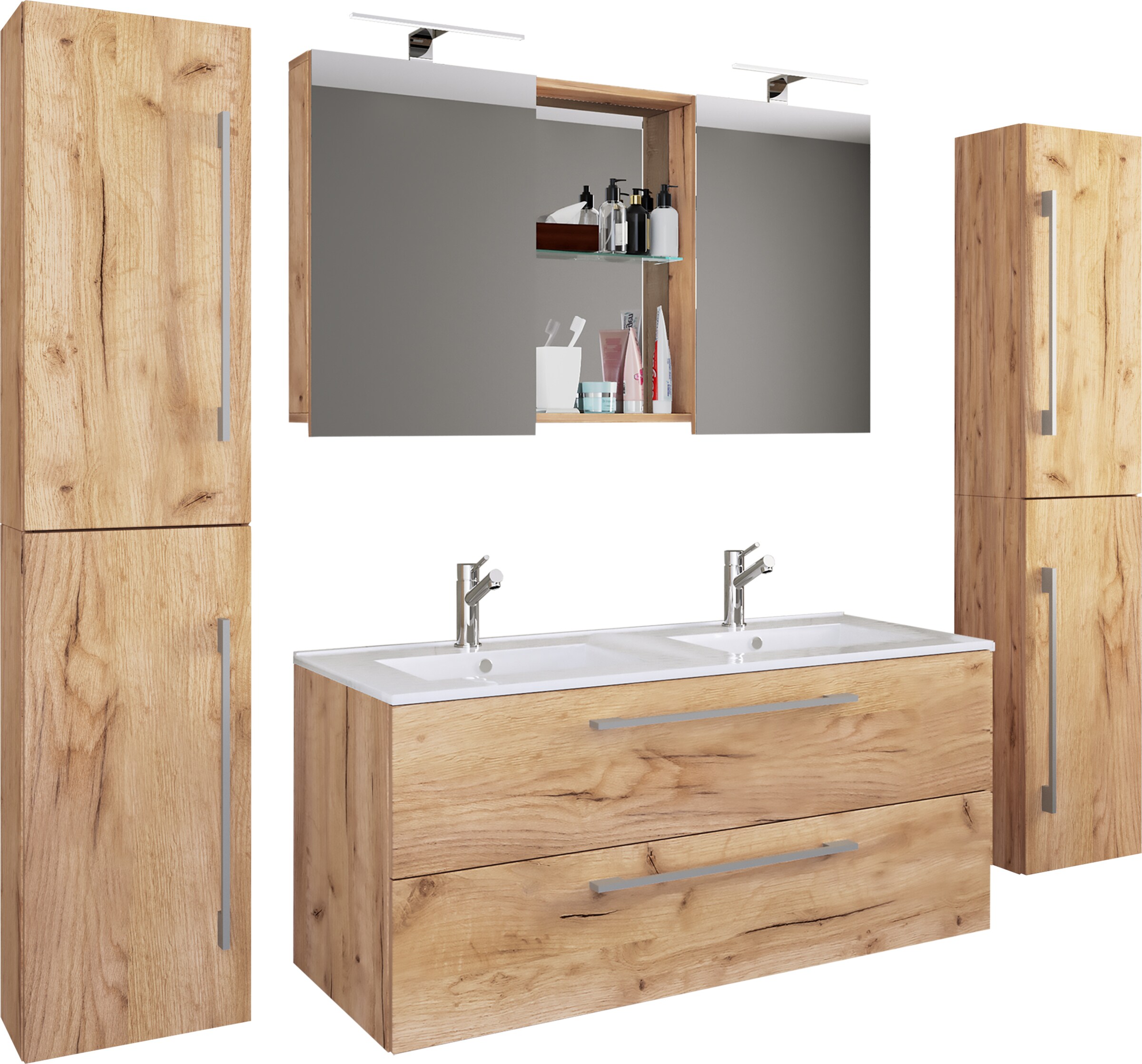 VCM 5-tlg. Doppel Waschplatz | 2x Waschtisch | Badm&ouml;bel Set mit Unterschrank, Waschbecken, 2x Hochschrank und Spiegelschrank | Doppelwaschbecken | Komplettset Budasi SC 