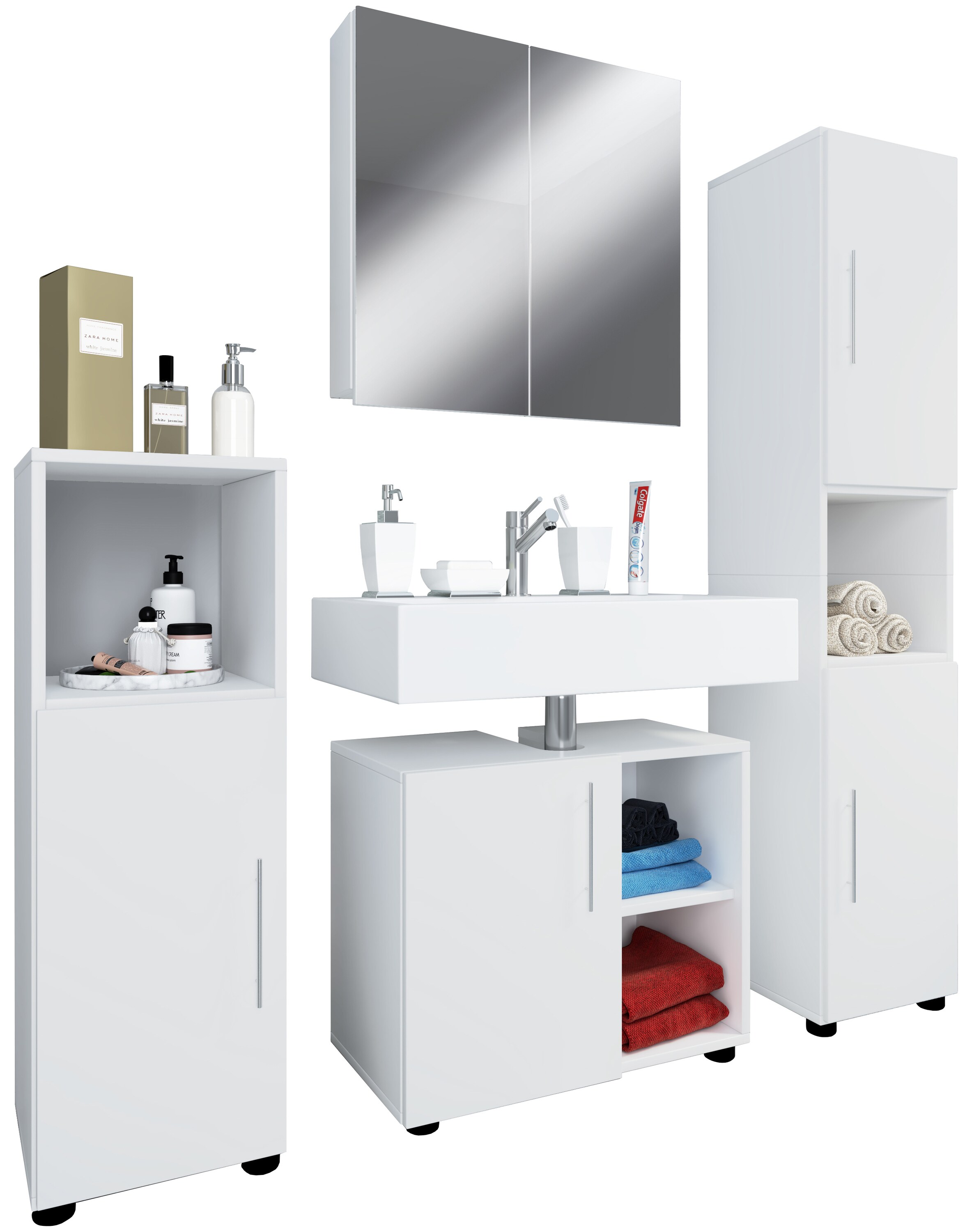 VCM 4-tlg. Badm&ouml;belset | Badm&ouml;bel | Set aus Unterschrank, Midischrank, Hochschrank und Spiegel | Badezimmerm&ouml;bel &ndash; Flandu III 