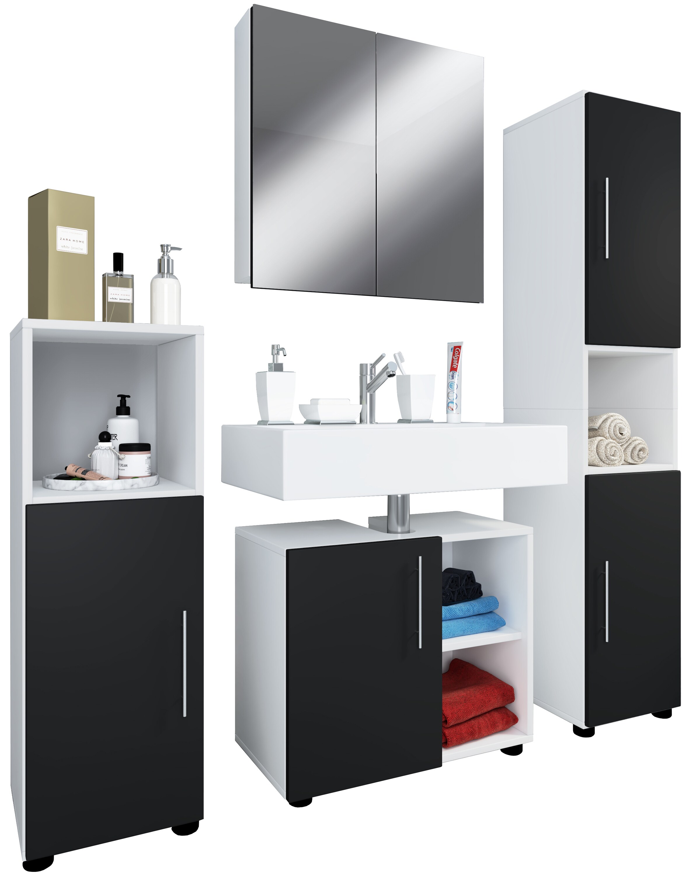VCM 4-tlg. Badm&ouml;belset | Badm&ouml;bel | Set aus Unterschrank, Midischrank, Hochschrank und Spiegel | Badezimmerm&ouml;bel &ndash; Flandu III 