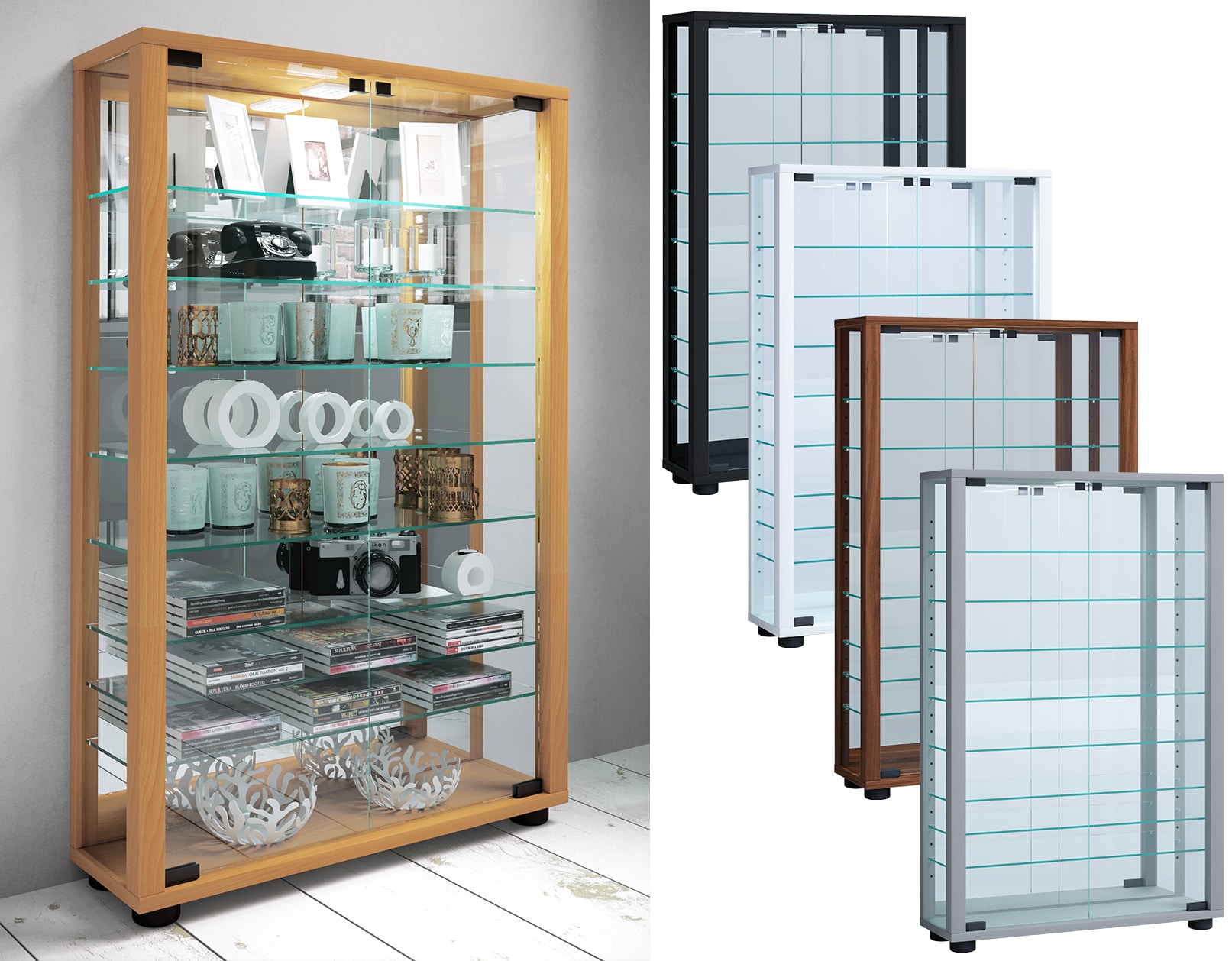 VCM Glasvitrine stehend | Vitrine Glas mit ESG-Sicherheitsglas | Ma&szlig;e ca. H. 91 x B. 59 x T. 18 cm | Standvitrine Glas | Modern und platzsparend | Glas Vitrinenschrank &ndash; Lumo Mini Spiegel 