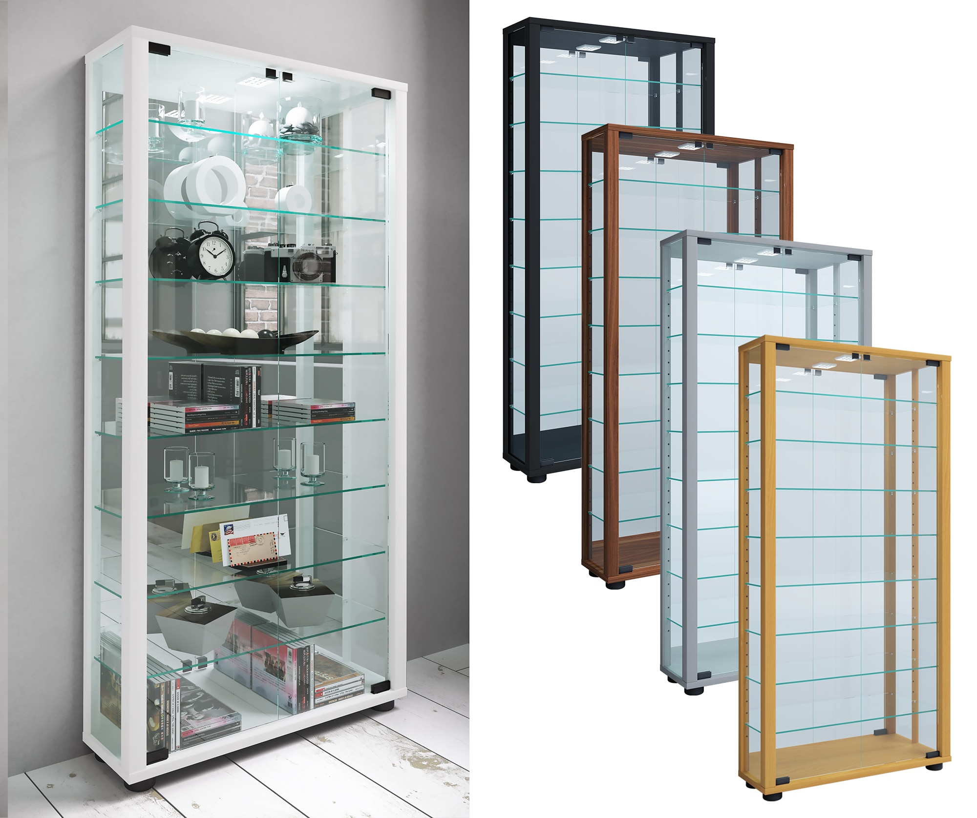 VCM Glasvitrine stehend | Vitrine Glas mit ESG-Sicherheitsglas | Ma&szlig;e ca. H. 115 x B. 59 x T. 18 cm | Standvitrine Glas | Modern und platzsparend | Glas Vitrinenschrank &ndash; Lumo Maxi Spiegel 
