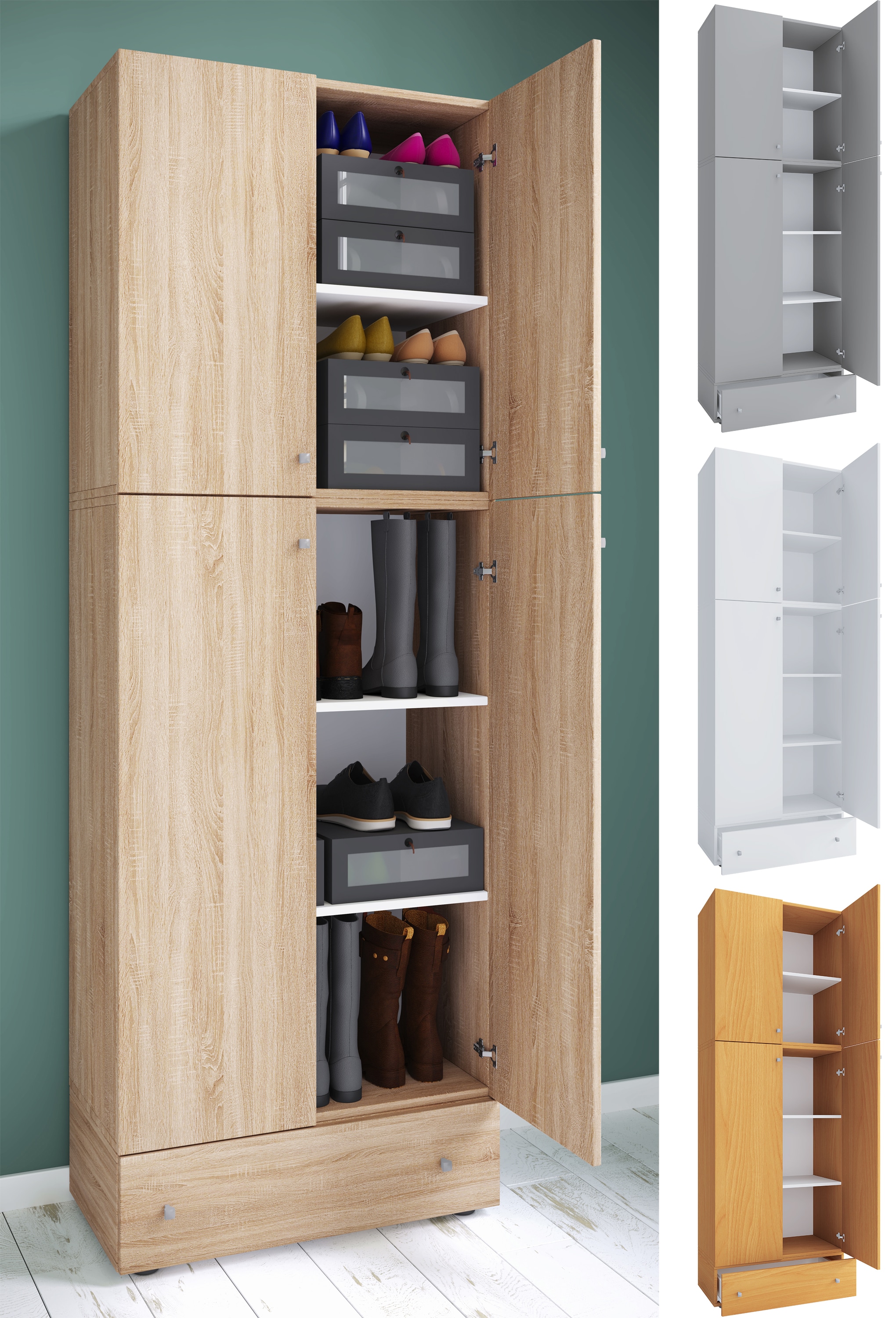 VCM Holz-Schuhschrank | Ma&szlig;e: H. 200 x B. 70 x T. 39 cm| Allzweckschrank | 5 F&auml;cher | 4 Dreht&uuml;ren | extra Schublade&ndash; Lona 