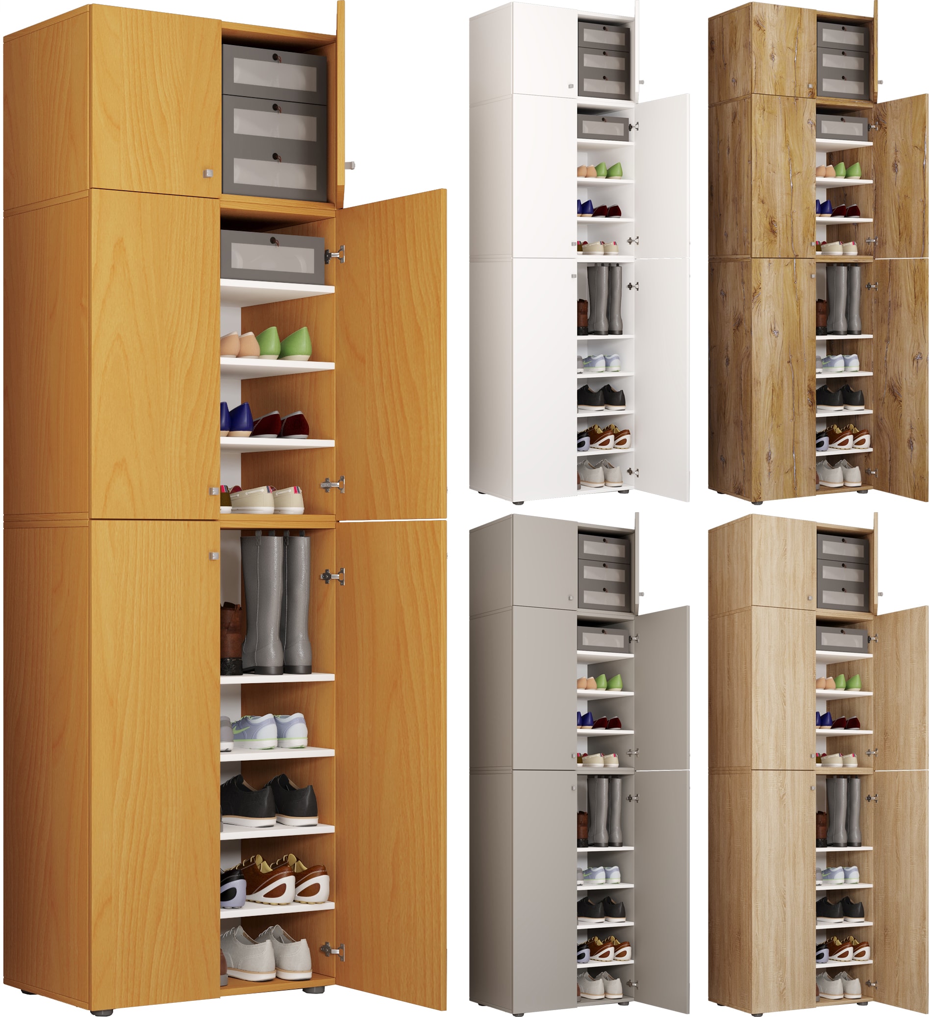 VCM Holz-Schuhschrank | Ma&szlig;e: H. 200 x B. 70 x T. 39 cm | Allzweckschrank | 9 F&auml;cher | 4 Dreht&uuml;ren | Aufsatz mit 2 T&uuml;ren &ndash; Lona 