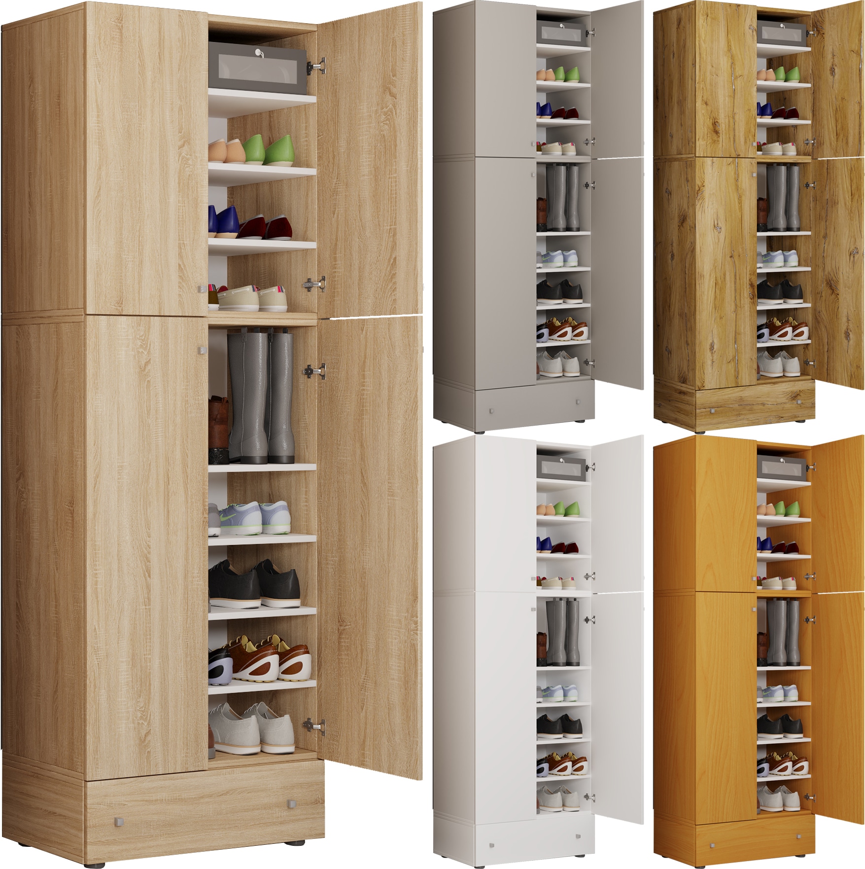 VCM Holz-Schuhschrank | Ma&szlig;e: H. 200 x B. 70 x T. 39 cm | Allzweckschrank | 9 F&auml;cher | 4 Dreht&uuml;ren | extra Schublade &ndash; Lona 