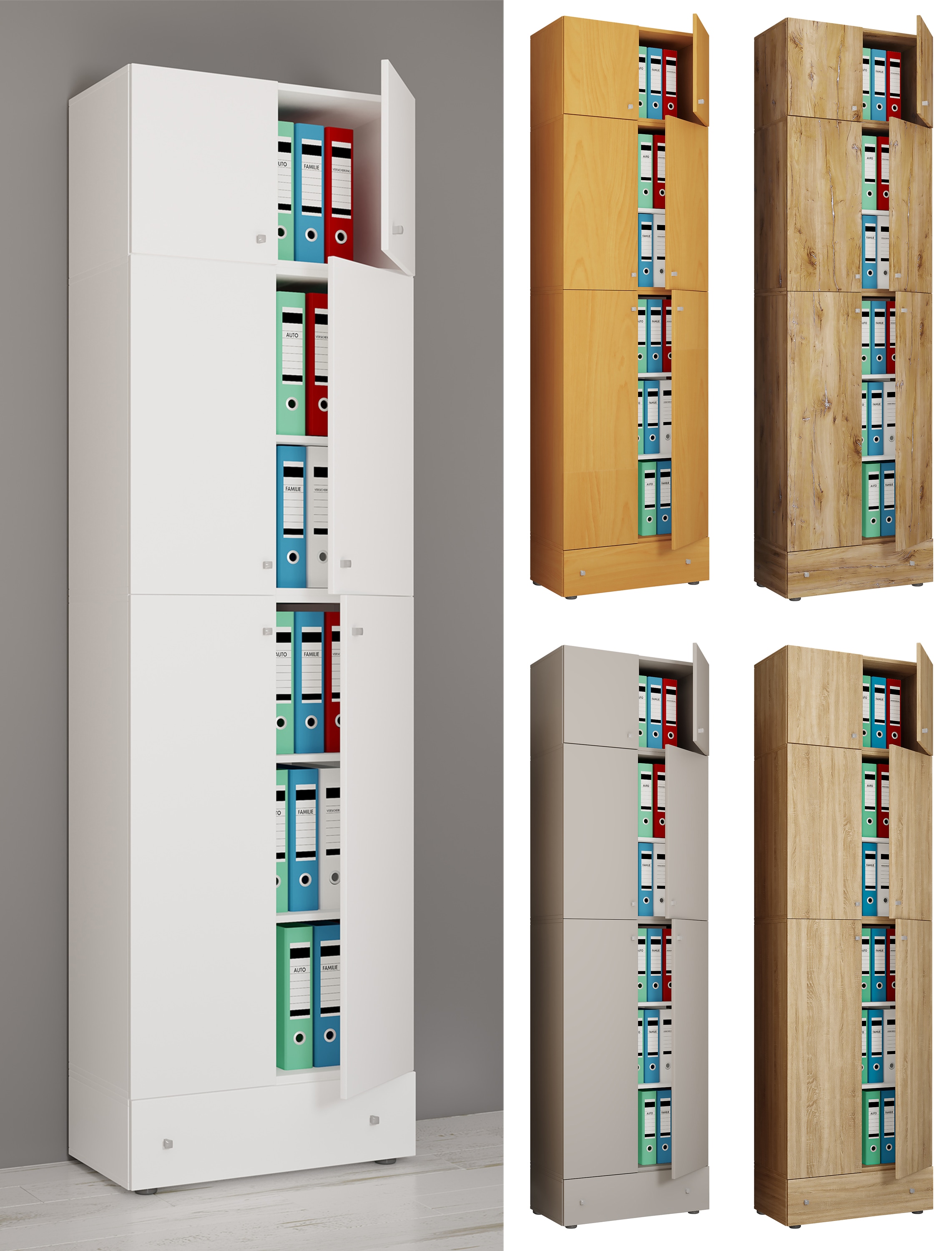 VCM XXL B&uuml;roschrank mit 5 F&auml;chern mit Aufsatz und Schublade | moderner Aktenschrank mit Dreht&uuml;ren | Ma&szlig;e ca. H. 240 x B. 70 x T. 39 cm &ndash; Lona 5-Fach 