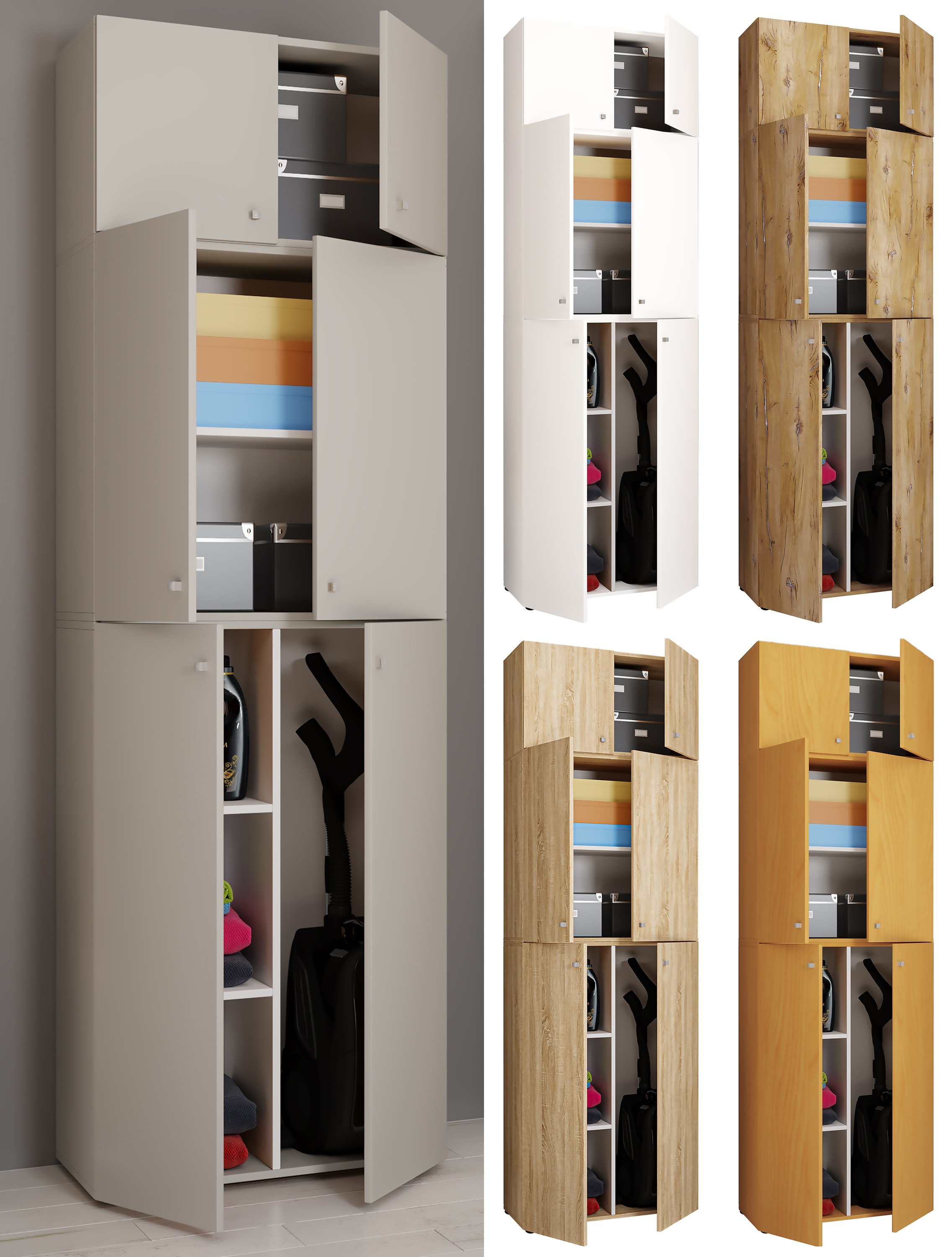 VCM Holz Besenschrank | 6 F&auml;cher | Ma&szlig;e: H. 223 x B. 70 x T. 39 cm | Haushaltsschrank | Mehrzweckschrank | Aufsatz mit zwei T&uuml;ren - Lona 