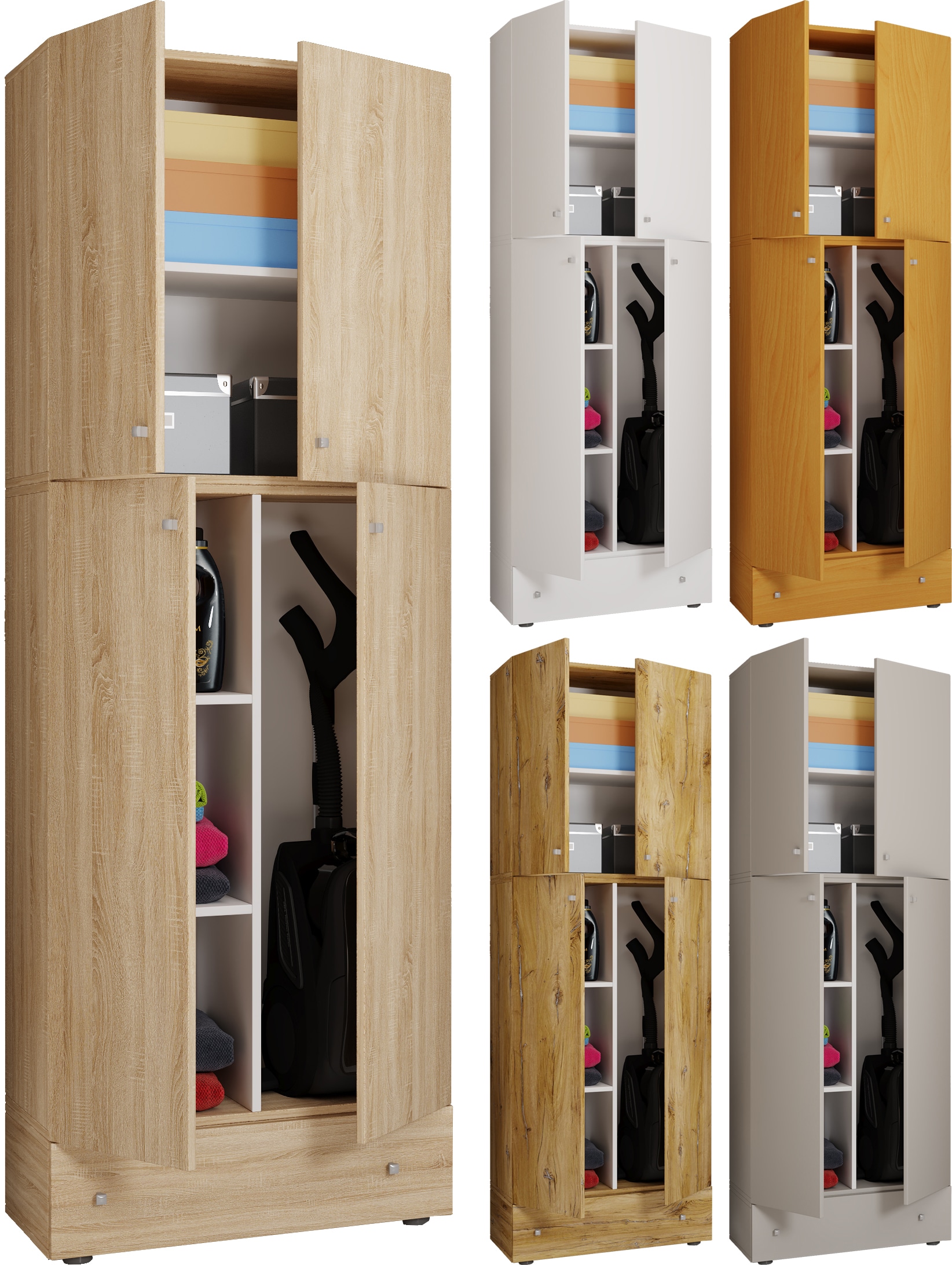 VCM Holz Besenschrank | 6 F&auml;cher | Ma&szlig;e: H. 200 x B. 70 x T. 39 cm | Haushaltsschrank | Mehrzweckschrank | Extra Schublade - Lona 