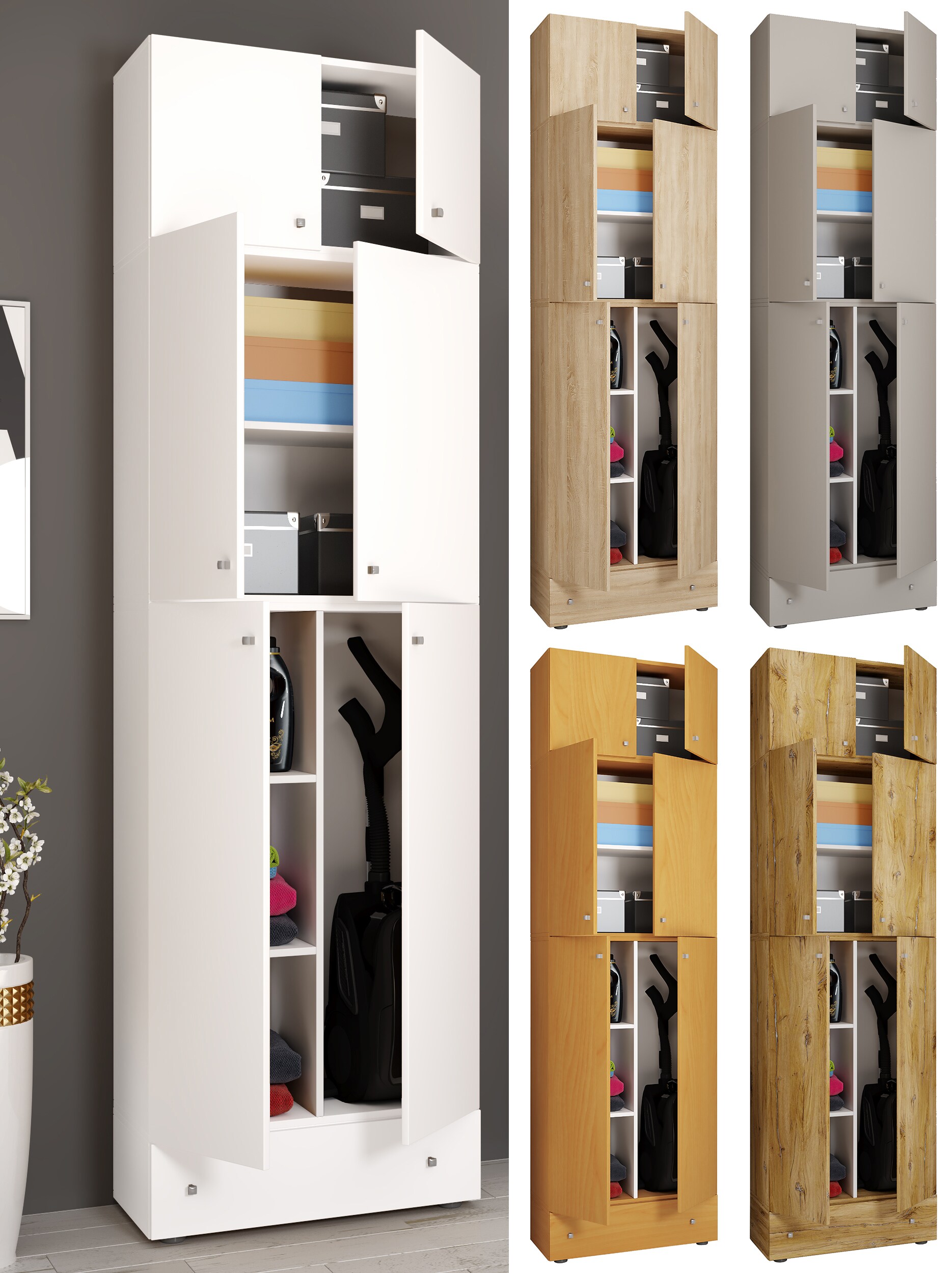 VCM Holz Besenschrank | 6 F&auml;cher | Ma&szlig;e: H. 240 x B. 70 x T. 39 cm | Haushaltsschrank | Mehrzweckschrank | Aufsatz mit 2 T&uuml;ren | Extra Schublade - Lona 