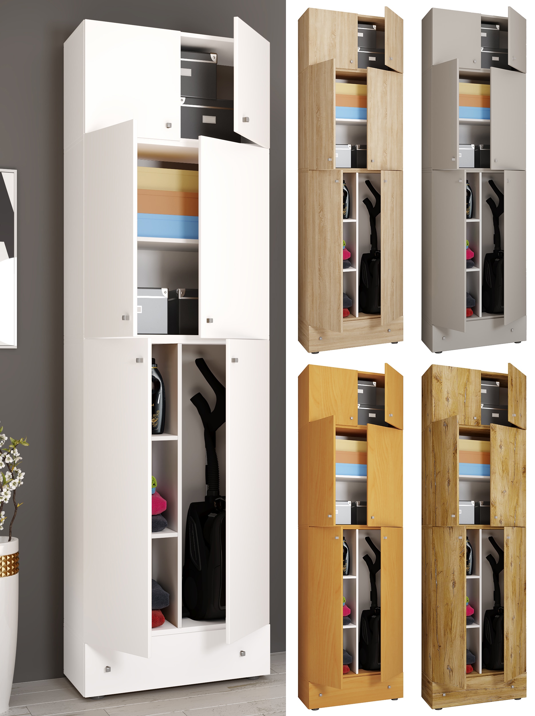 VCM Holz Besenschrank | 6 F&auml;cher | Ma&szlig;e: H. 240 x B. 70 x T. 39 cm | Haushaltsschrank | Mehrzweckschrank | Aufsatz mit 2 T&uuml;ren | Extra Schublade - Lona 
