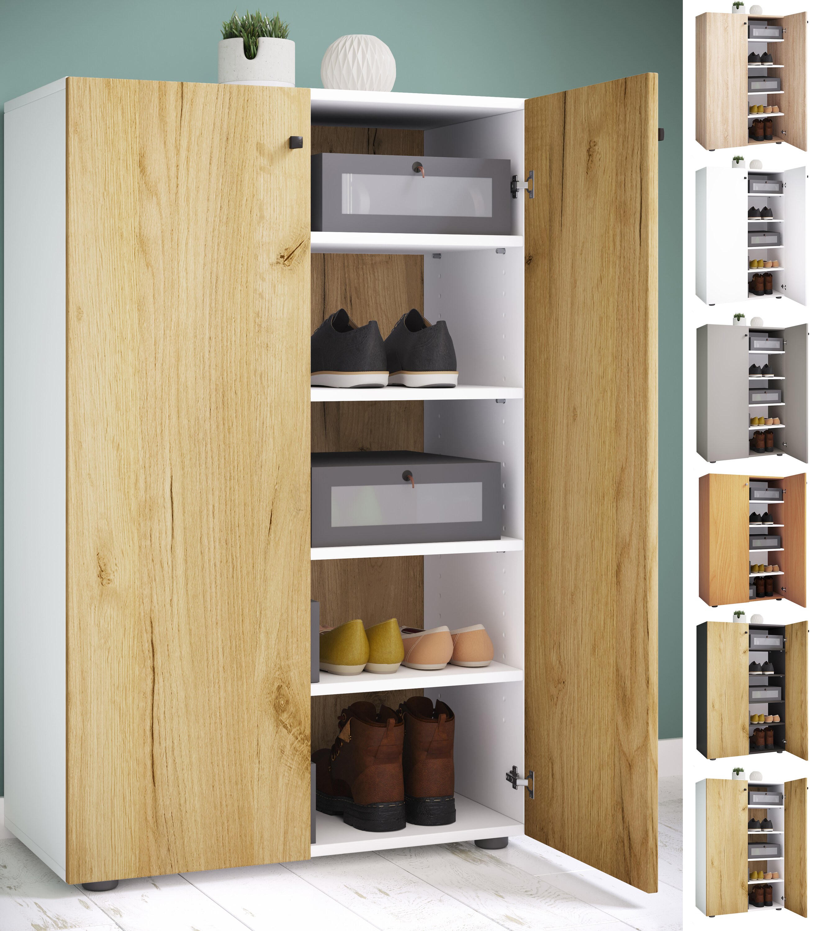 VCM Holz-Schuhschrank | Ma&szlig;e: H. 110 x B. 70 x T. 39 cm | Allzweckschrank | 5 F&auml;cher | 2 Dreht&uuml;ren&ndash; Lona 
