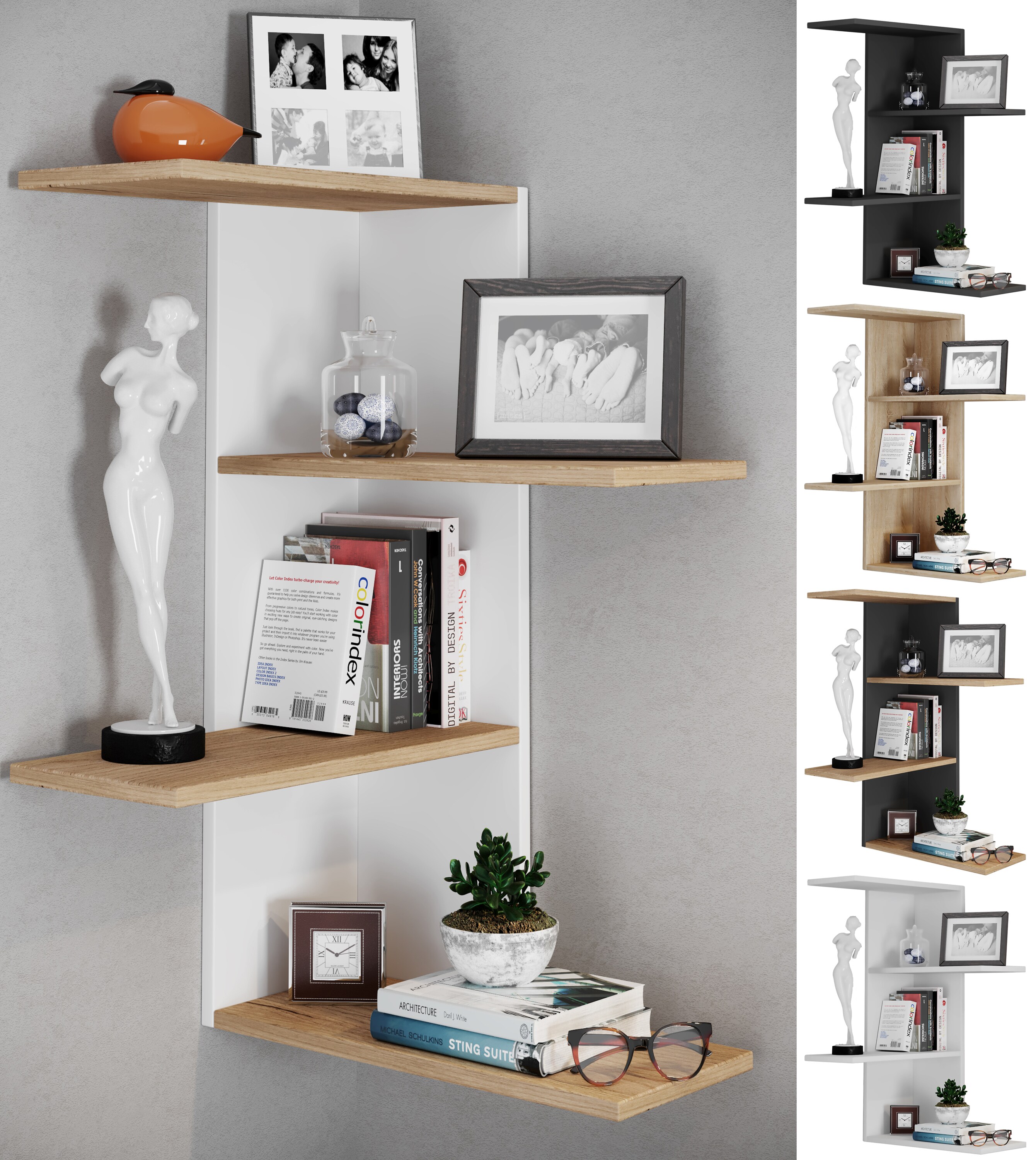 VCM Holzregal h&auml;ngend | platzsparendes Regal | Ma&szlig;e:  H. 77 x B. 45 x T. 45 cm | Elegantes Regal h&auml;ngend | Aufbewahrungsregal | B&uuml;cherregal | Wandboard - Regal Balos 