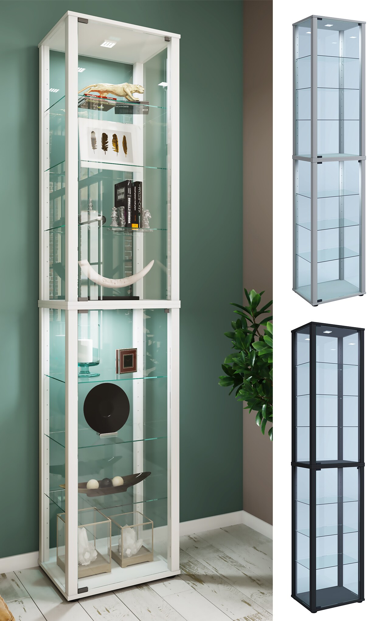 VCM Glasvitrine stehend | Vitrine Glas mit ESG-Sicherheitsglas | Ma&szlig;e ca. H. 227 x B. 50 x T. 38 cm | Standvitrine Glas | Modern und platzsparend | Glas Vitrinenschrank &ndash; Kavisa XL 