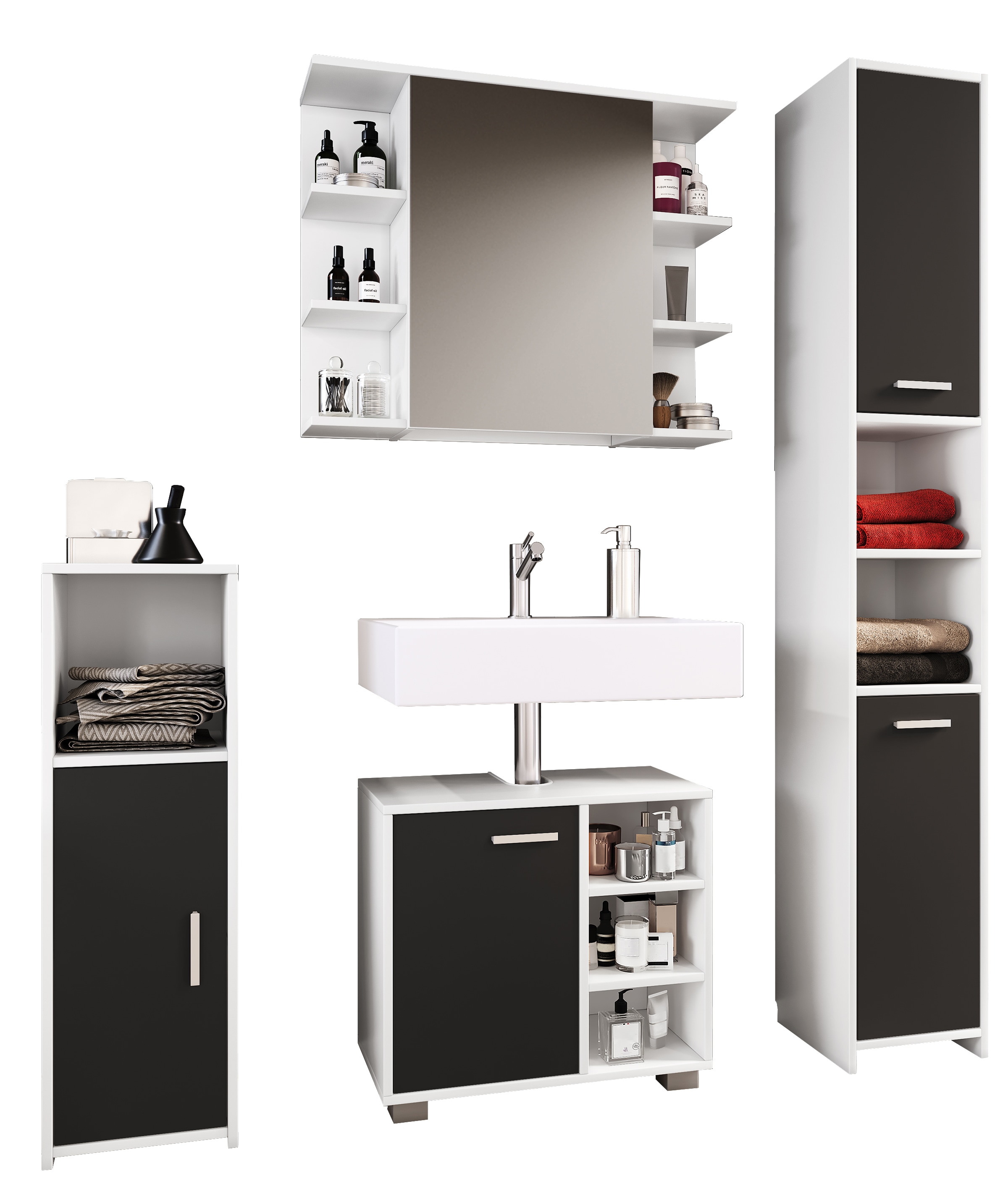 VCM 4-tlg. Badm&ouml;belset | Badm&ouml;bel | Set aus Unterschrank, Midischrank, Hochschrank und Spiegelschrank | Badezimmerm&ouml;bel - Zalo I 
