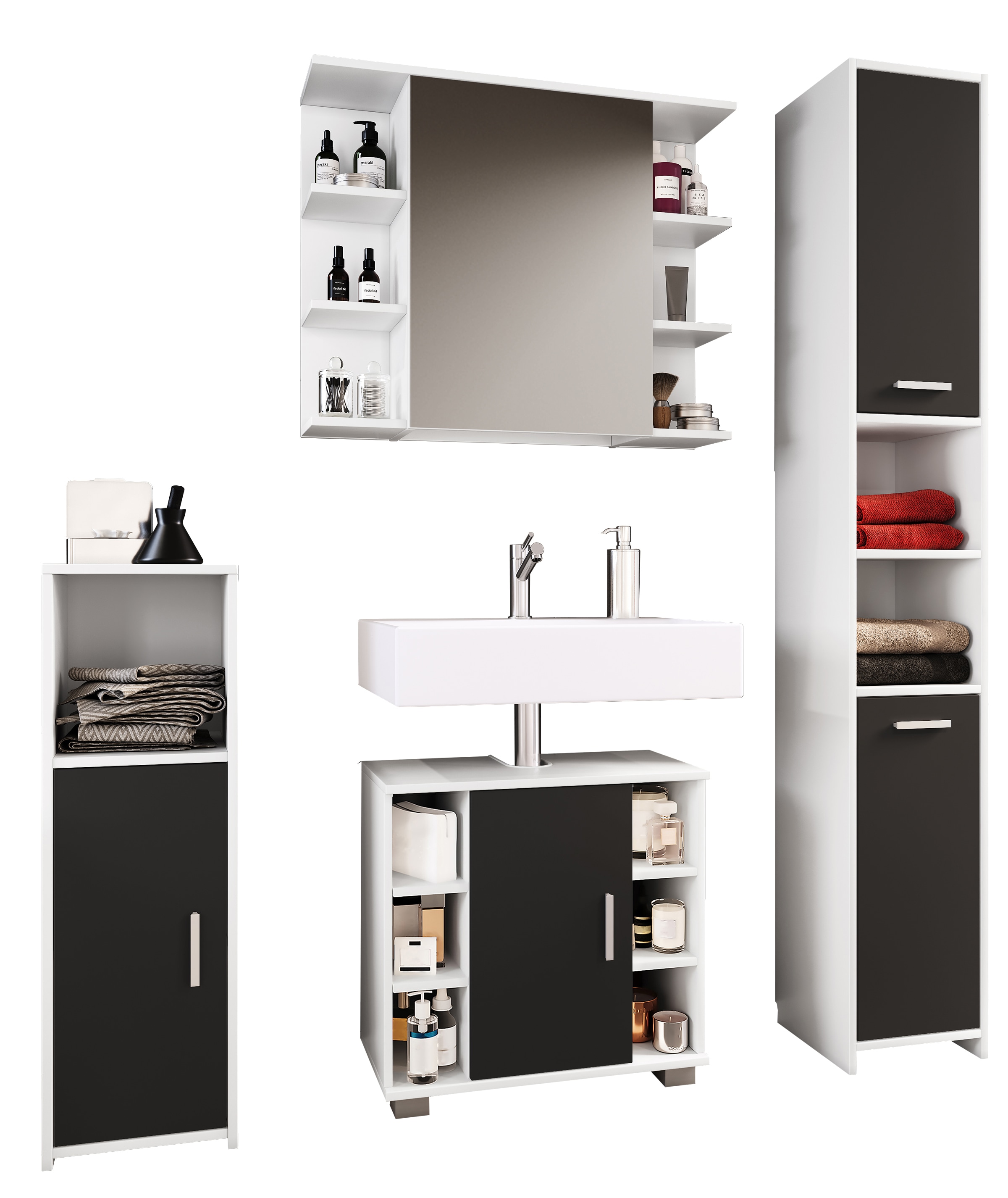 VCM 4-tlg. Badm&ouml;belset | Badm&ouml;bel | Set aus Unterschrank, Midischrank, Hochschrank und Spiegelschrank | Badezimmerm&ouml;bel - Zalo II 