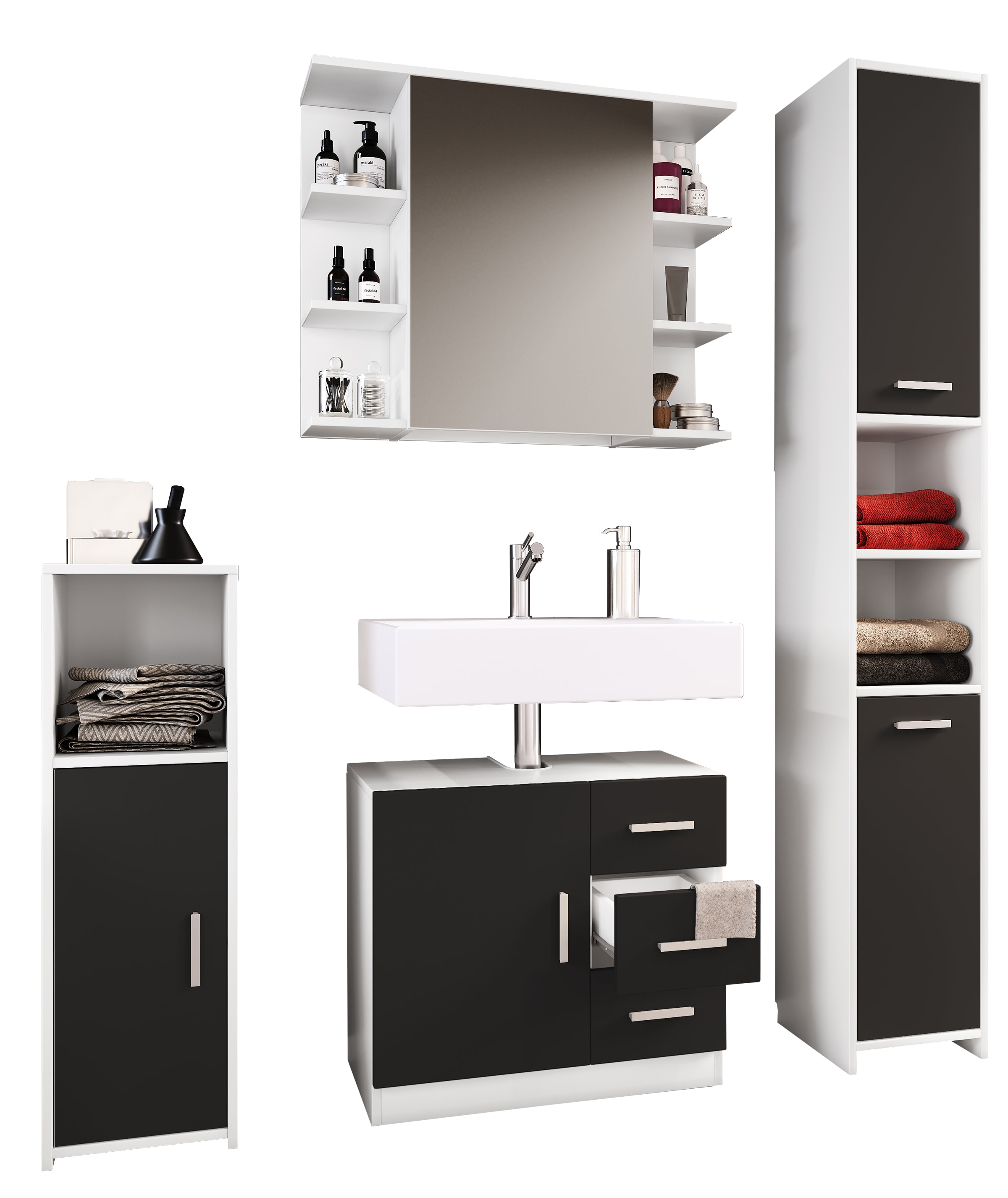 VCM 4-tlg. Badm&ouml;belset | Badm&ouml;bel | Set aus Unterschrank, Midischrank, Hochschrank und Spiegelschrank | Badezimmerm&ouml;bel - Zalo III 