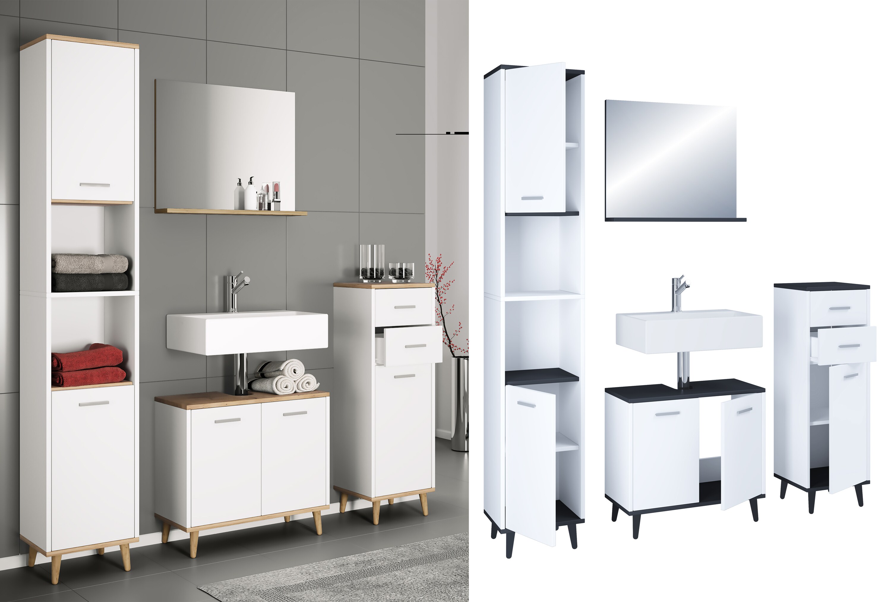 VCM 4-tlg. Badm&ouml;belset | Badm&ouml;bel | Set aus Unterschrank, Midischrank, Hochschrank und Spiegel | Badezimmerm&ouml;bel - Landos 