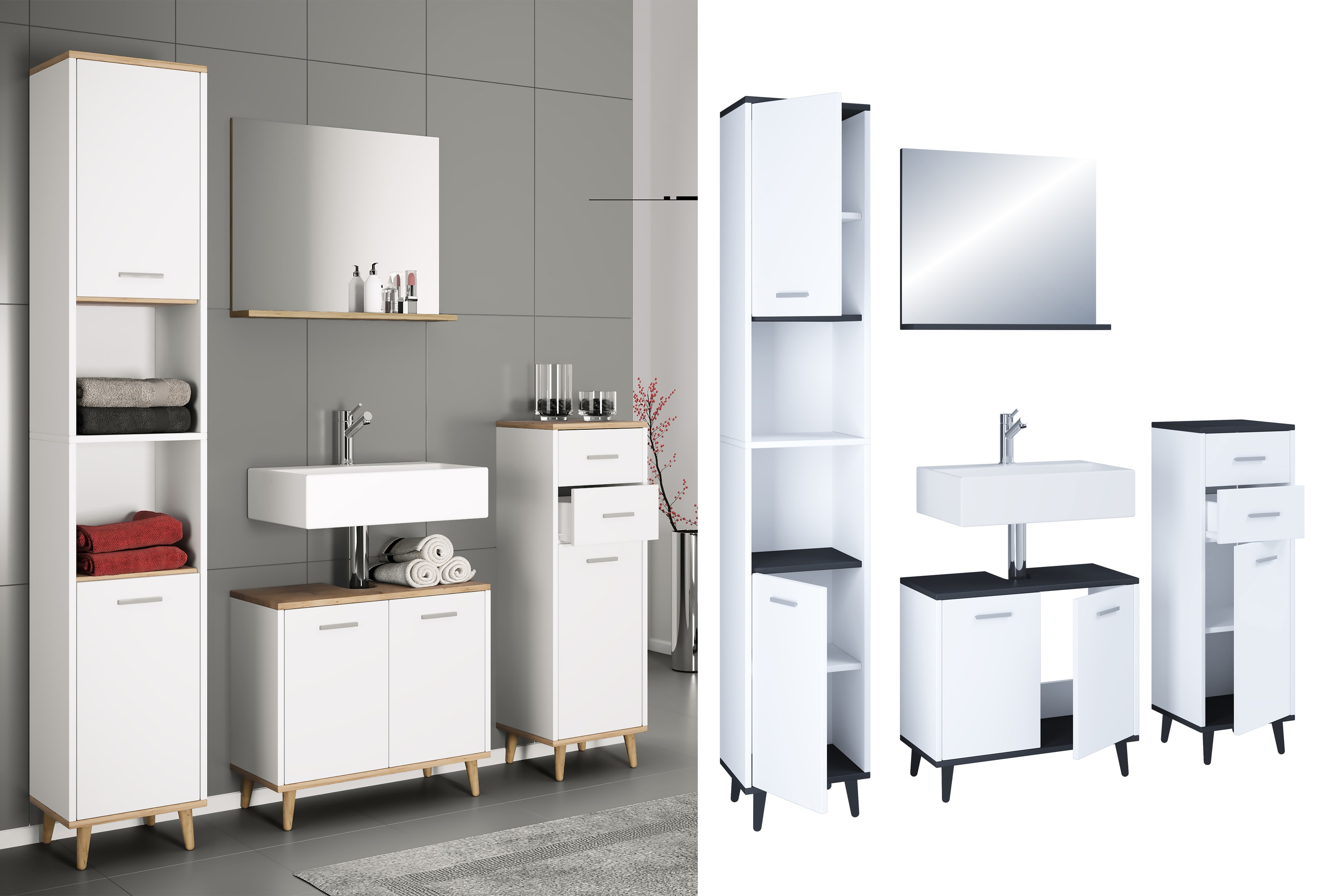 VCM 4-tlg. Badm&ouml;belset | Badm&ouml;bel | Set aus Unterschrank, Midischrank, Hochschrank und Spiegel | Badezimmerm&ouml;bel - Landos 
