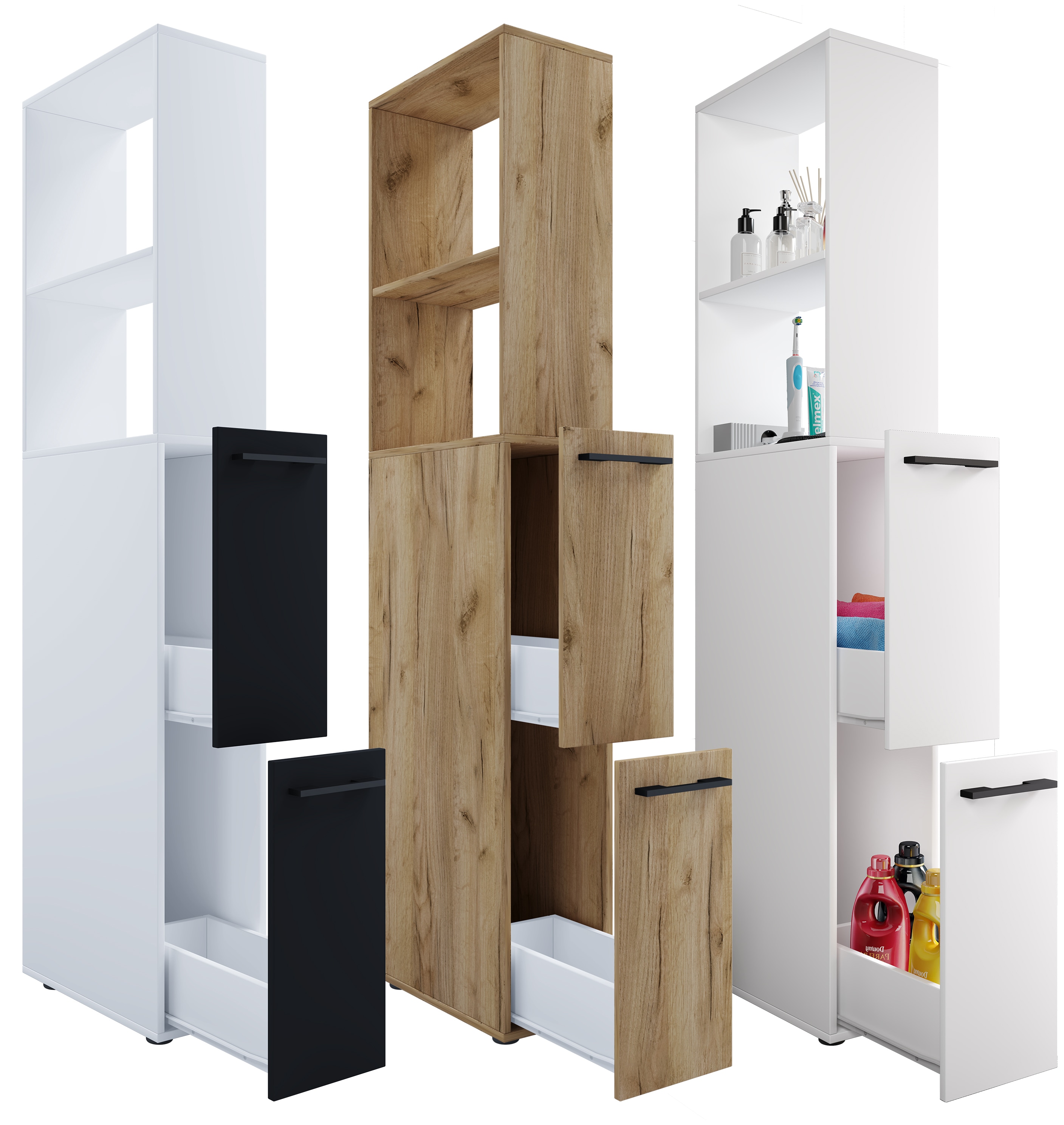VCM Holz Badezimmerschrank | Badm&ouml;bel | Nischenschrank | Raumteiler mit zwei Schubladen | Hochschrank | Ma&szlig;e ca. H. 183 x B. 25 x T. 50 cm - Sadilo XL 