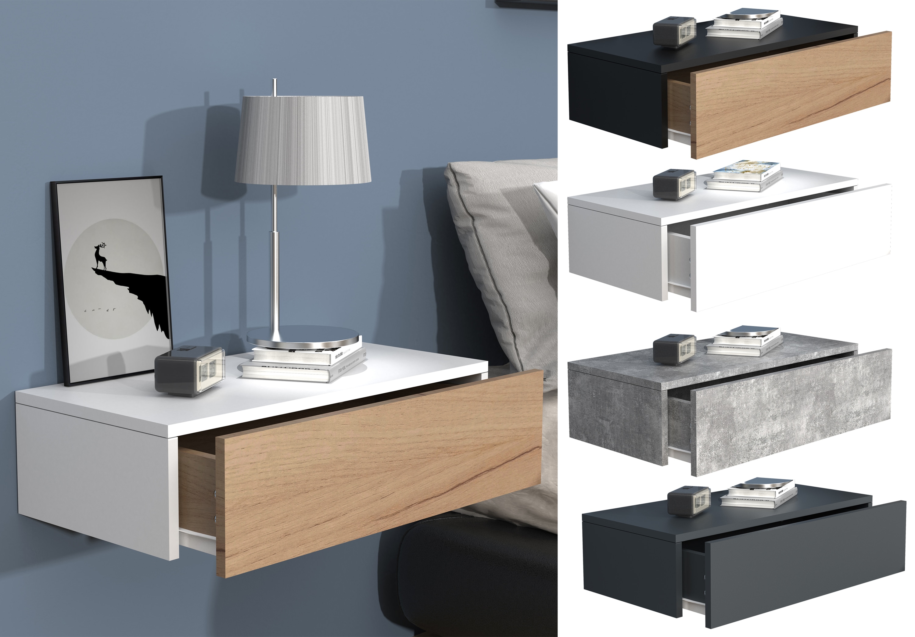 VCM Nachtschrank | Wandschublade | Wandboard | Nachttisch | Ma&szlig;e ca H. 15 x B. 60 x T. 30 cm - Usal M 60 cm 