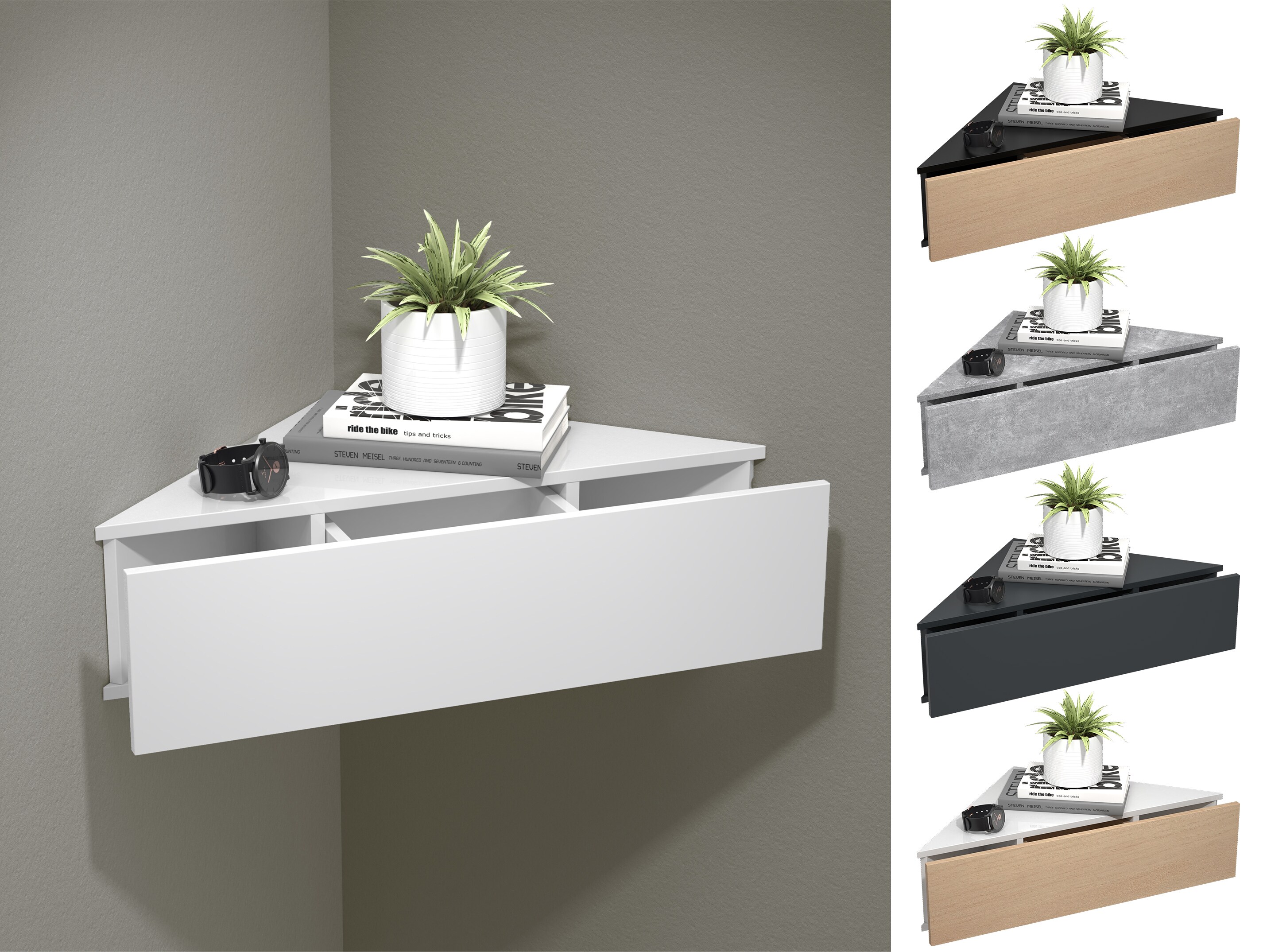 VCM Nachtschrank | Wandschublade | Wandboard | Eckregal |Nachttisch | Ma&szlig;e ca. H. 15 x B. 60 x T. 43 cm - Usal S 