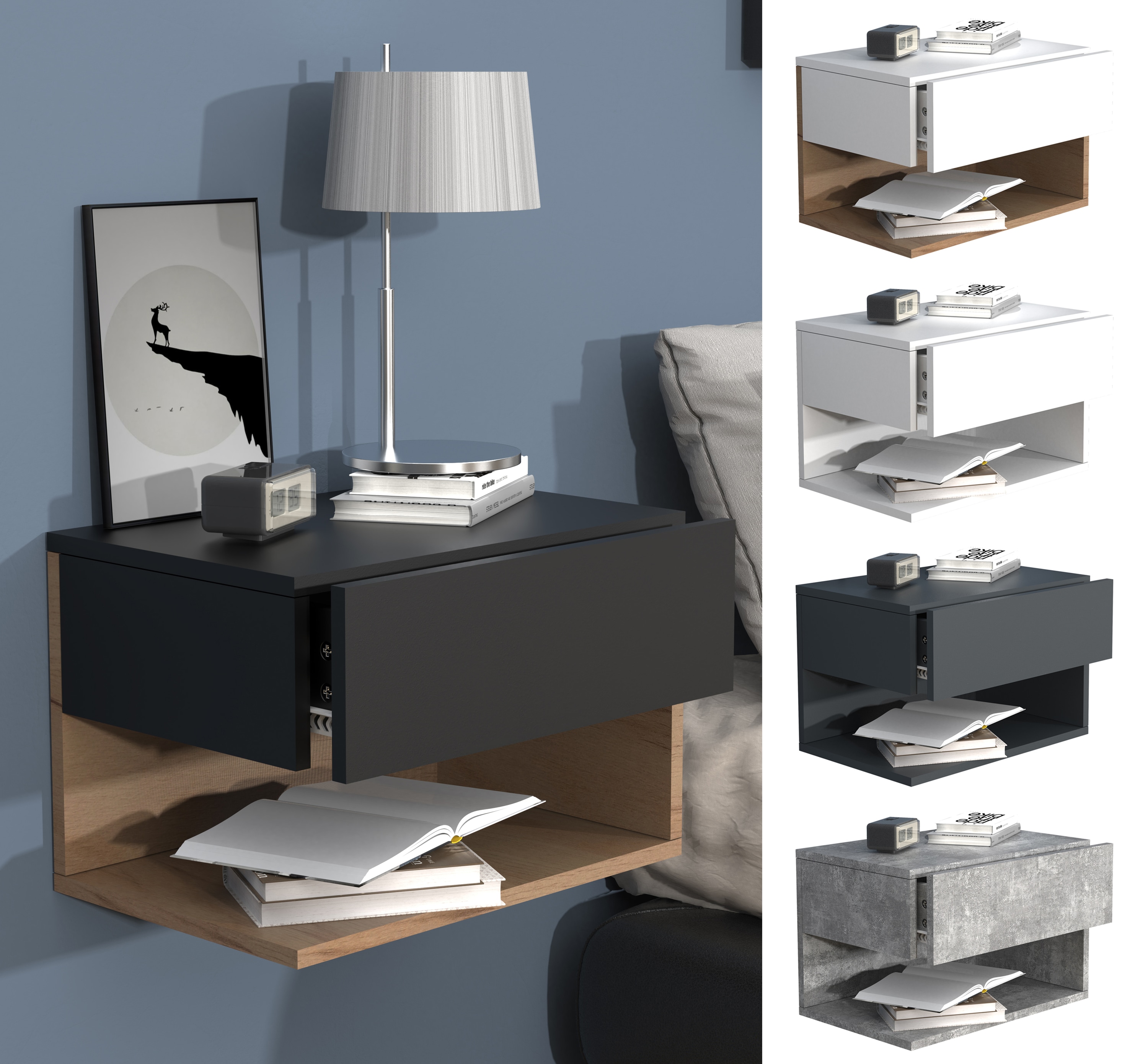 VCM Nachtschrank | Wandschublade | Wandboard | Nachttisch | Ma&szlig;e ca. H. 30 x B. 45 x T. 32 cm - Usal XL 45 cm 