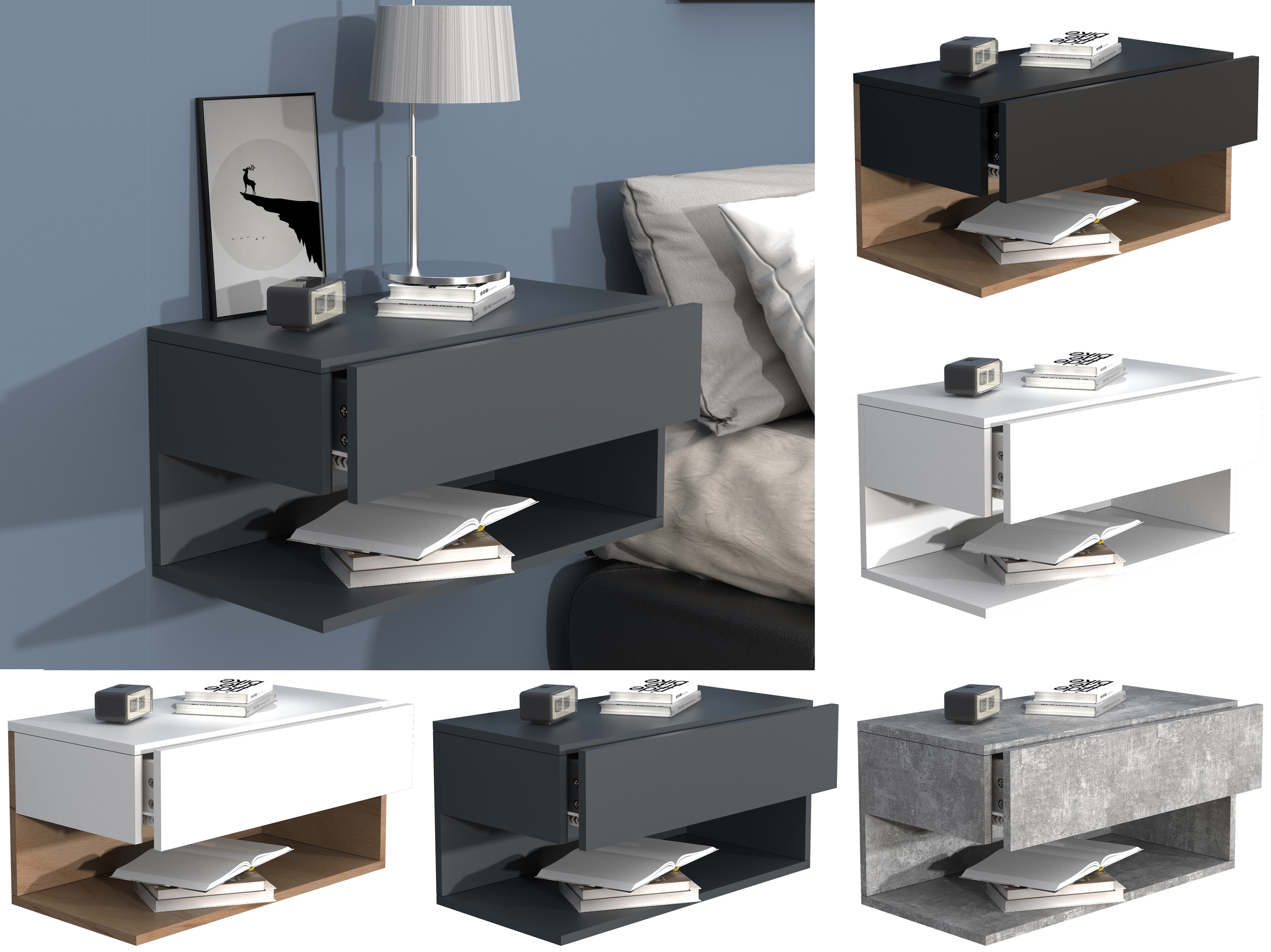 VCM Nachtschrank | Wandschublade | Wandboard | Nachttisch |Ma&szlig;e ca. H. 30 x B. 60 x T. 32 cm - Usal XL 60 cm 