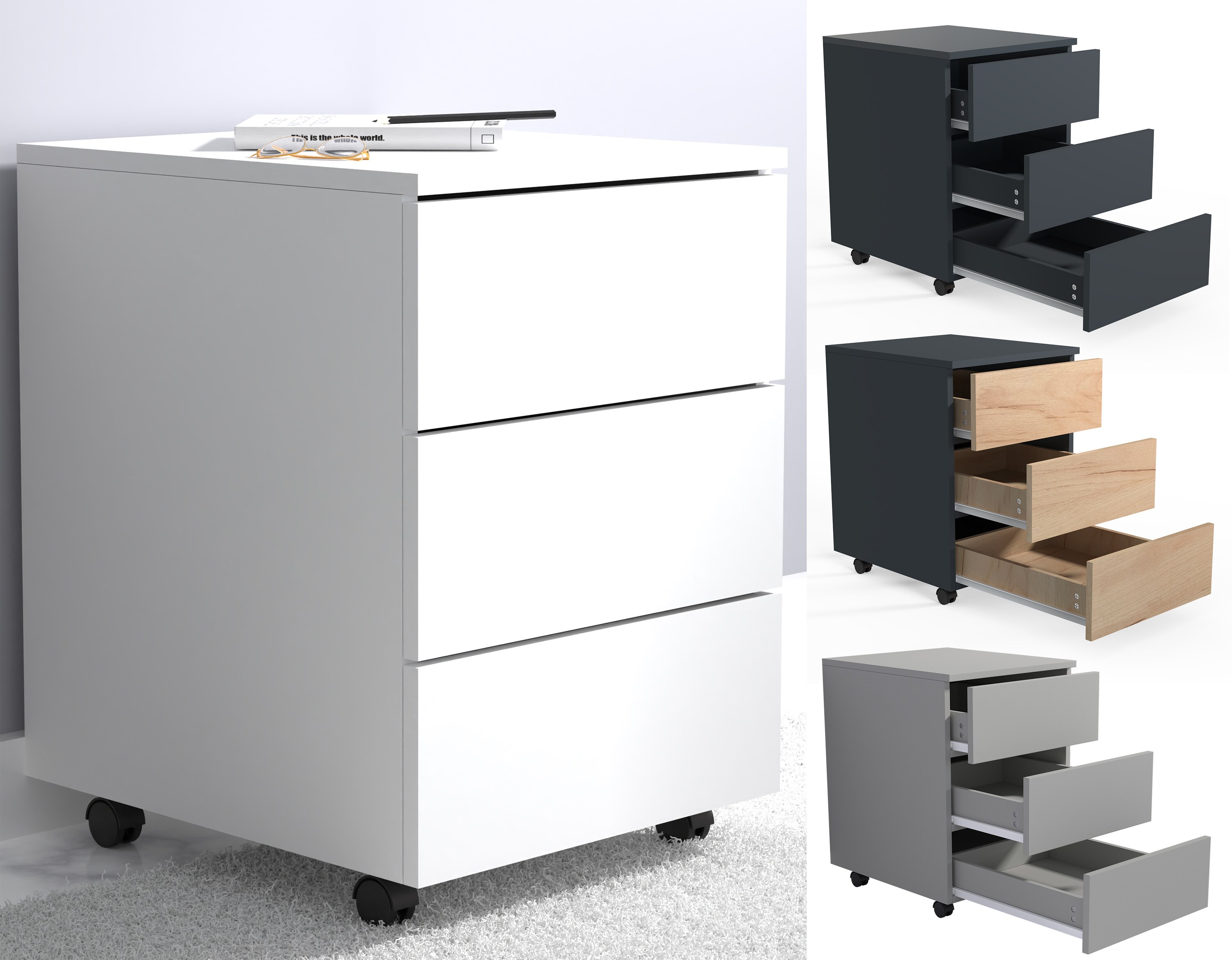 VCM Rollcontainer | Beistellcontainer mit Schubladen | Ma&szlig;e ca. H. 55 x B. 39 x T. 45 cm | B&uuml;rocontainer - Dalosa 3 Schubladen 