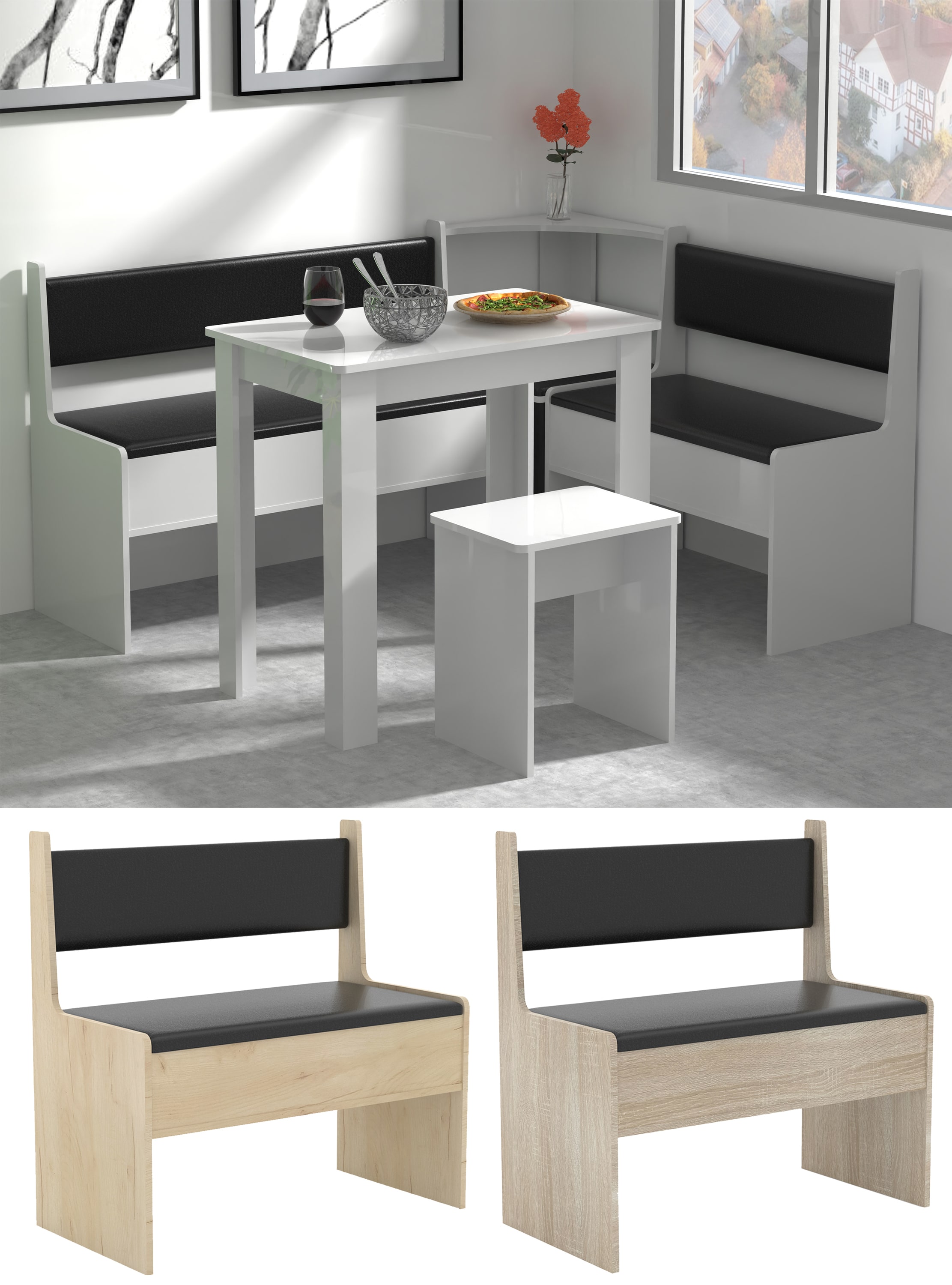 VCM Holz Eckbank Sitzbank f&uuml;r Esstisch | Bank mit Truhe | Esal Ma&szlig;e H. 80 x B. 80 x T. 42 cm 