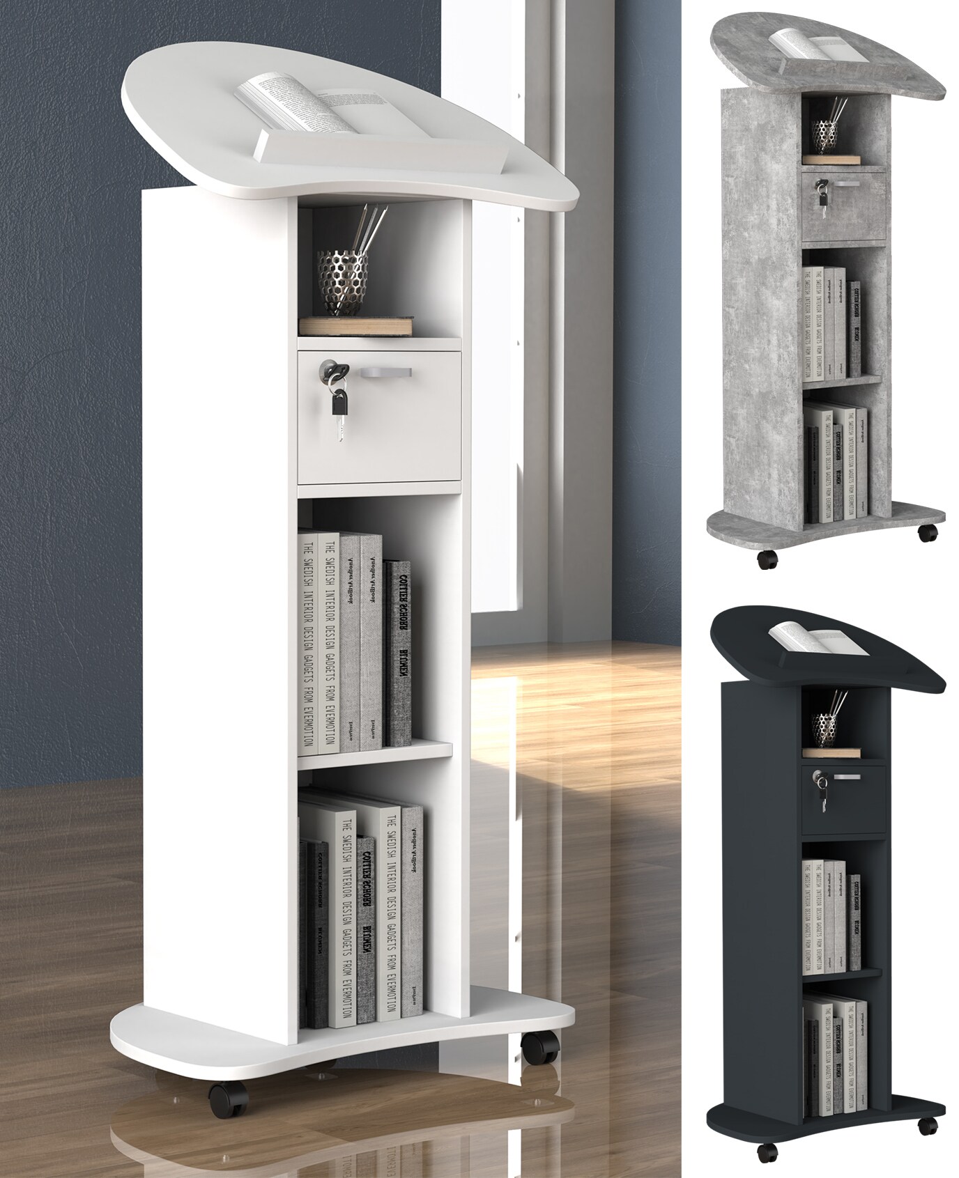 VCM Holz mobiles Rednerpult | Ma&szlig;e ca. H. 110 bis 120 cm x B. 56 cm x T. 37 cm | rollbar mit Schublade | Stehpult | Stehtisch - Redola 