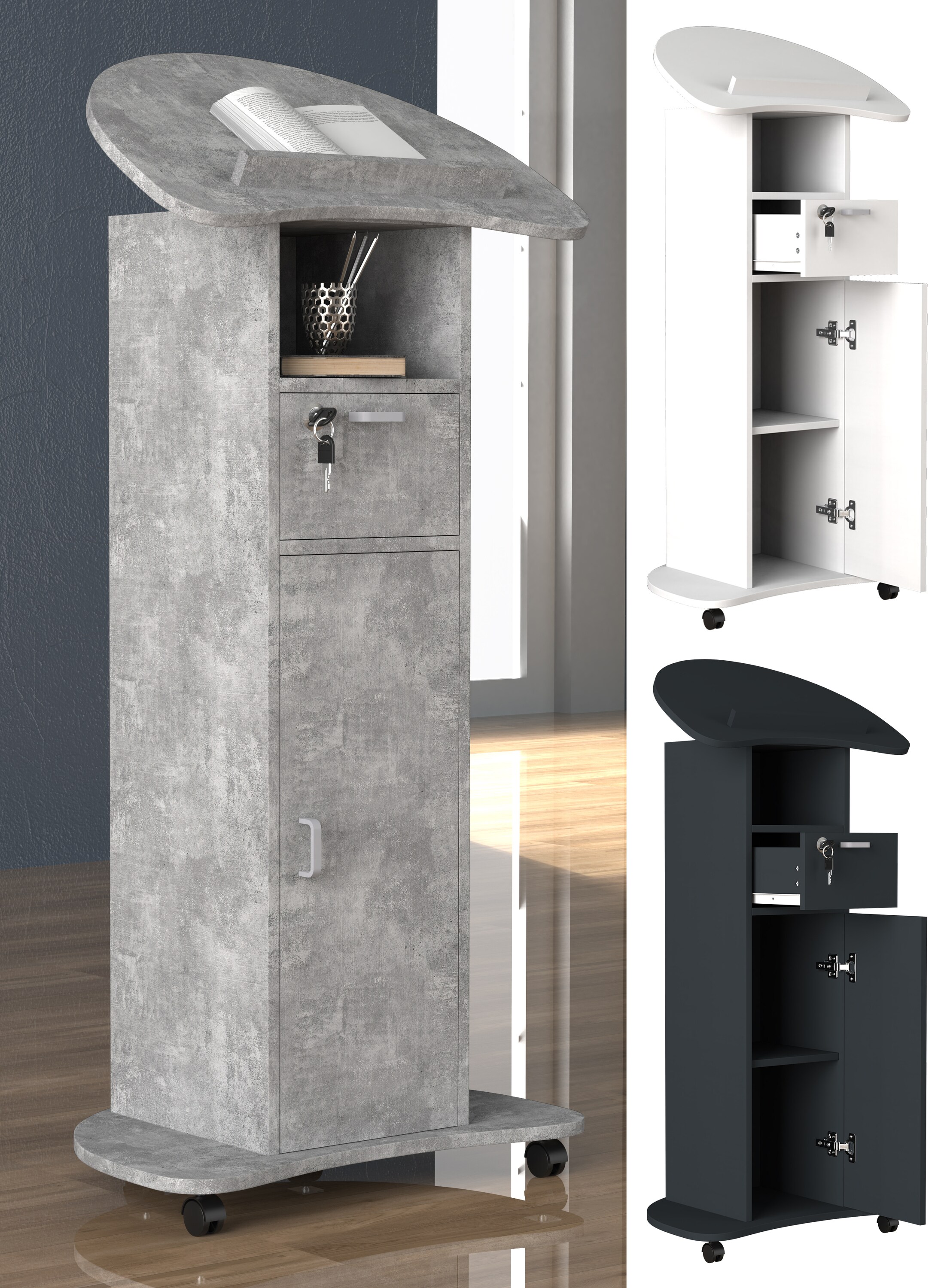 VCM Holz mobiles Rednerpult | Ma&szlig;e ca. H. 110 bis 120 cm x B. 56 cm x T. 37 cm | rollbar mit Schublade | Stehpult | Stehtisch mit T&uuml;r - Redola 