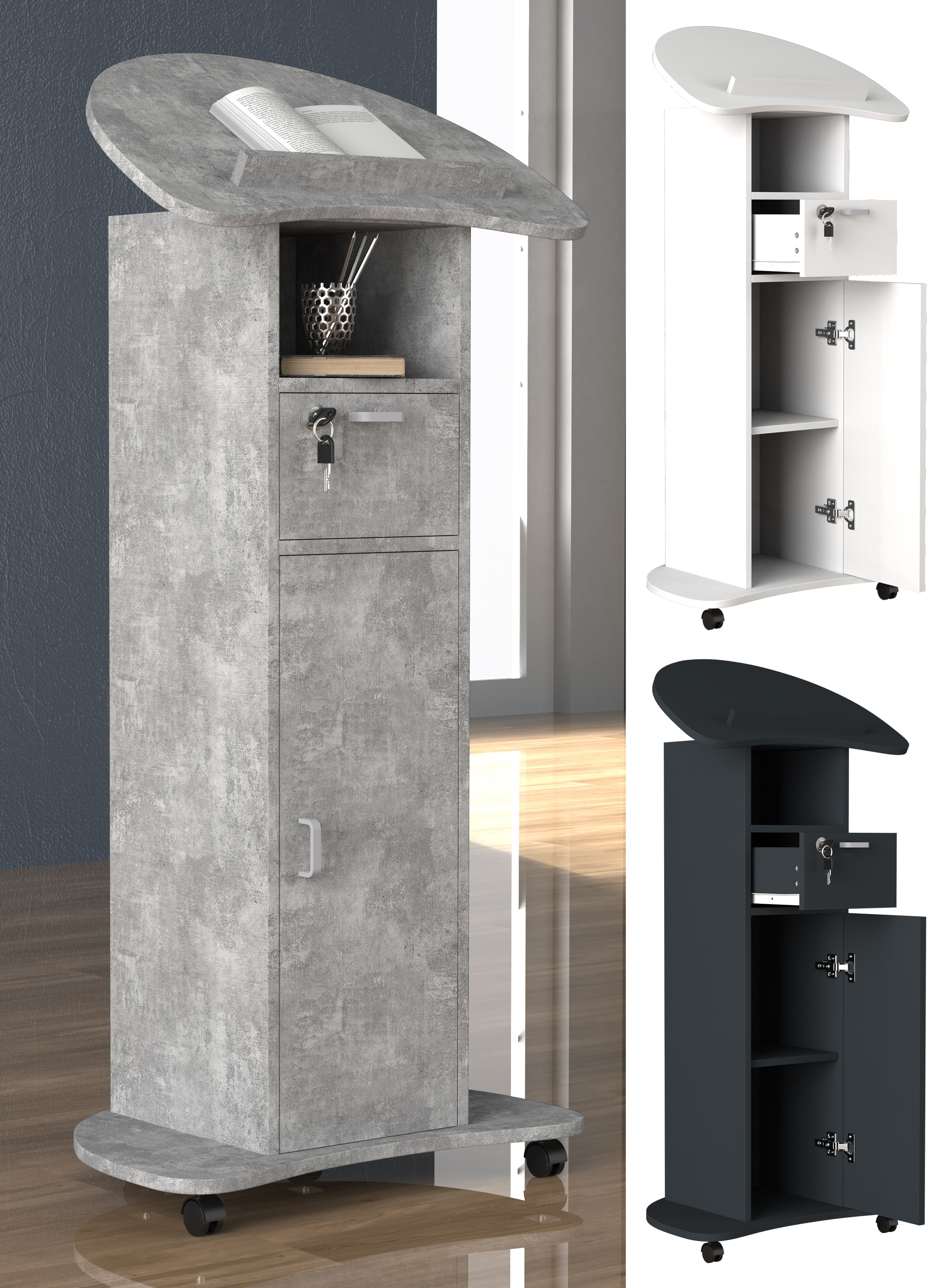 VCM Holz mobiles Rednerpult | Ma&szlig;e ca. H. 110 bis 120 cm x B. 56 cm x T. 37 cm | rollbar mit Schublade | Stehpult | Stehtisch mit T&uuml;r - Redola 