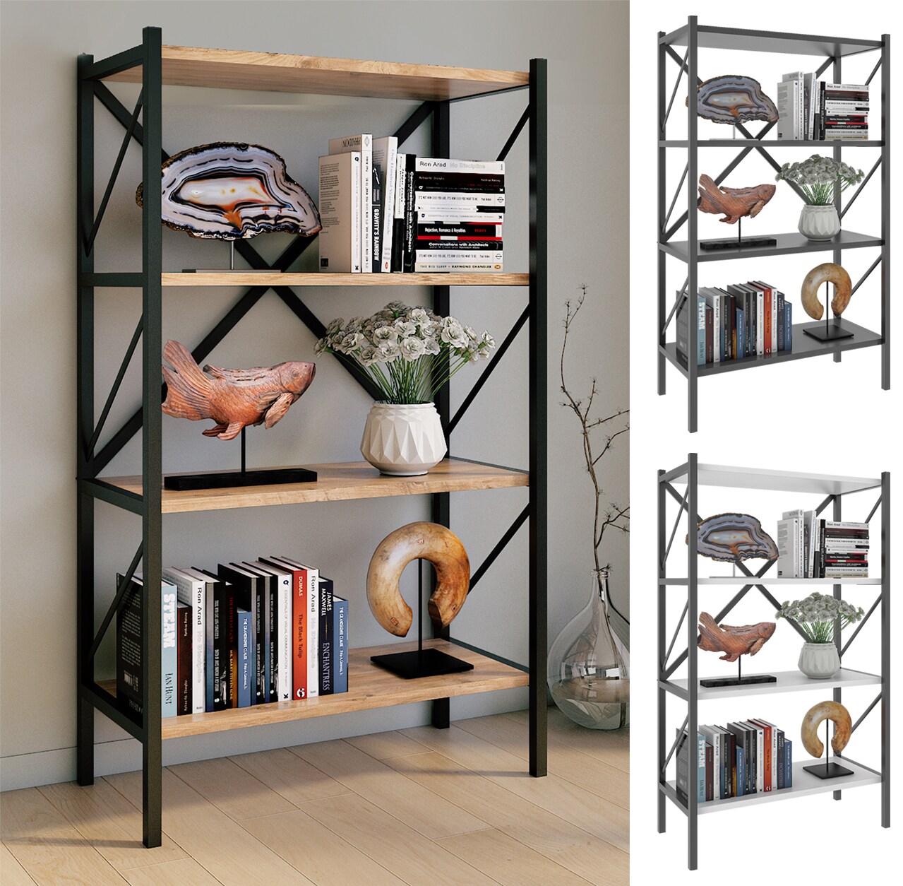 VCM Holz Metall Aufbewahrung Stand Regal B&uuml;cherregal Deko B&uuml;cher Standregal Insasi 4 