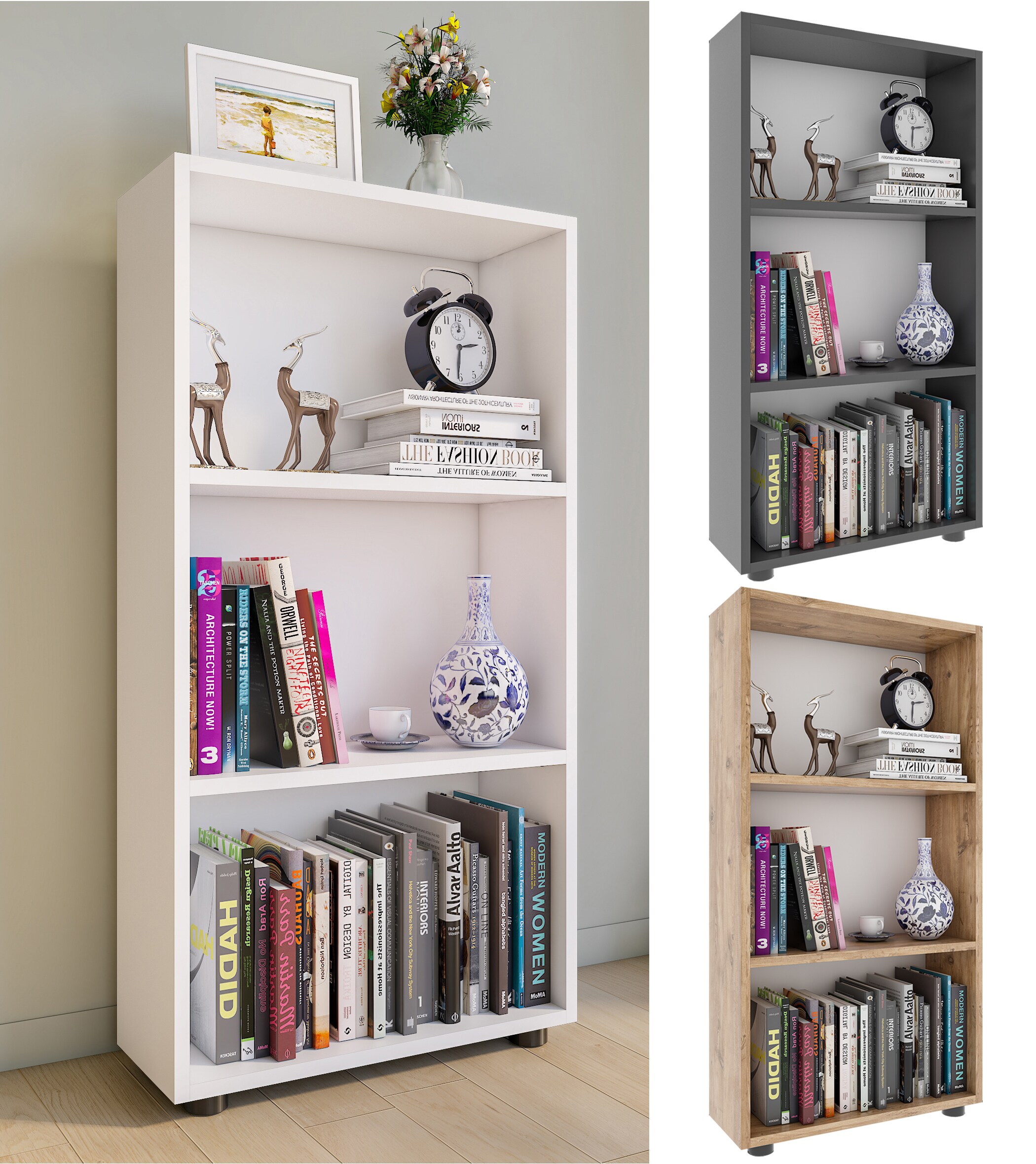 VCM Holzregal stehend | platzsparender B&uuml;cherregal | Ma&szlig;e ca. H. 108 x B. 56 x T. 20 cm | Elegante Aufbewahrung | Regal &ndash; Bulas 3 F&auml;cher 