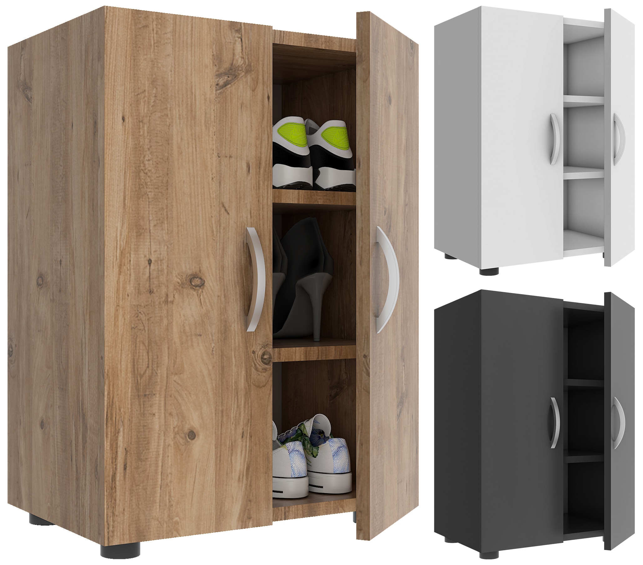 VCM Holz Schuhschrank | Ma&szlig;e: H. 74 x B. 49 x T. 30 cm | Allzweckschrank | 3 F&auml;cher | 2 Dreht&uuml;ren - Ulas 