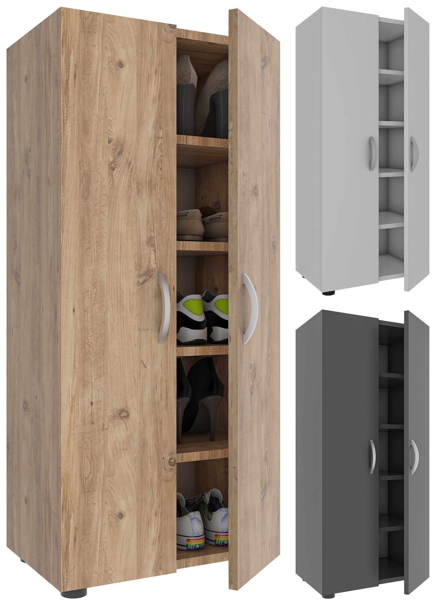 VCM Holz Schuhschrank | Ma&szlig;e: H. 108 x B. 49 x T. 30 cm | Allzweckschrank | 5 F&auml;cher | 2 Dreht&uuml;ren &ndash; Ulas 