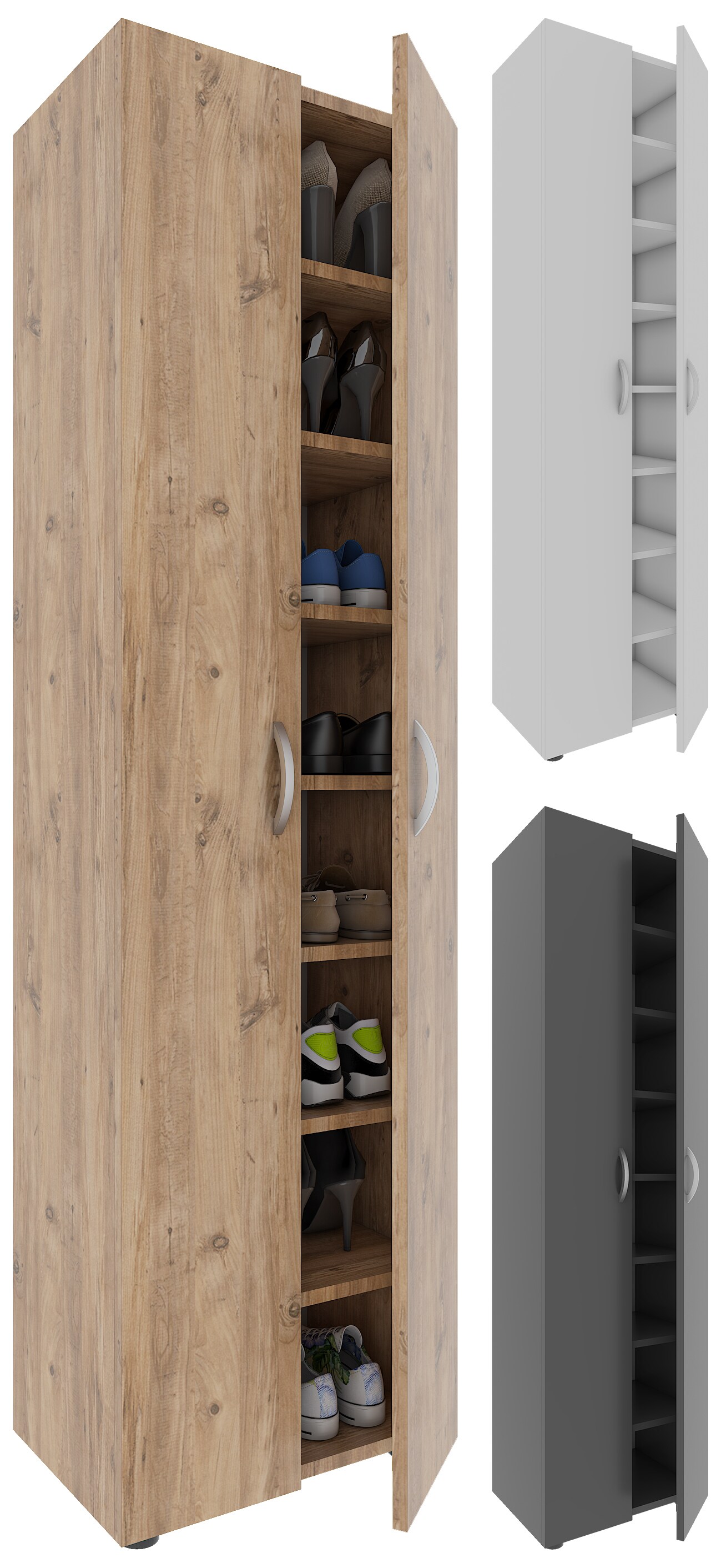 VCM Holz Schuhschrank | Ma&szlig;e: H. 173 x B. 49 x T. 30 cm | Allzweckschrank | 8 F&auml;cher | 2 Dreht&uuml;ren &ndash; Ulas 
