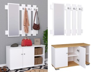 VCM Holz Sitzbank | 2-tlg.-Set | Schuhschrank | Maße: H. 82 x B. 90 x T. 33 cm | Wandpaneel mit 3 Haken und einem Spiegel| 2 Drehtüren | 2 Fächer | 2 offene Fächer - Gados XL 