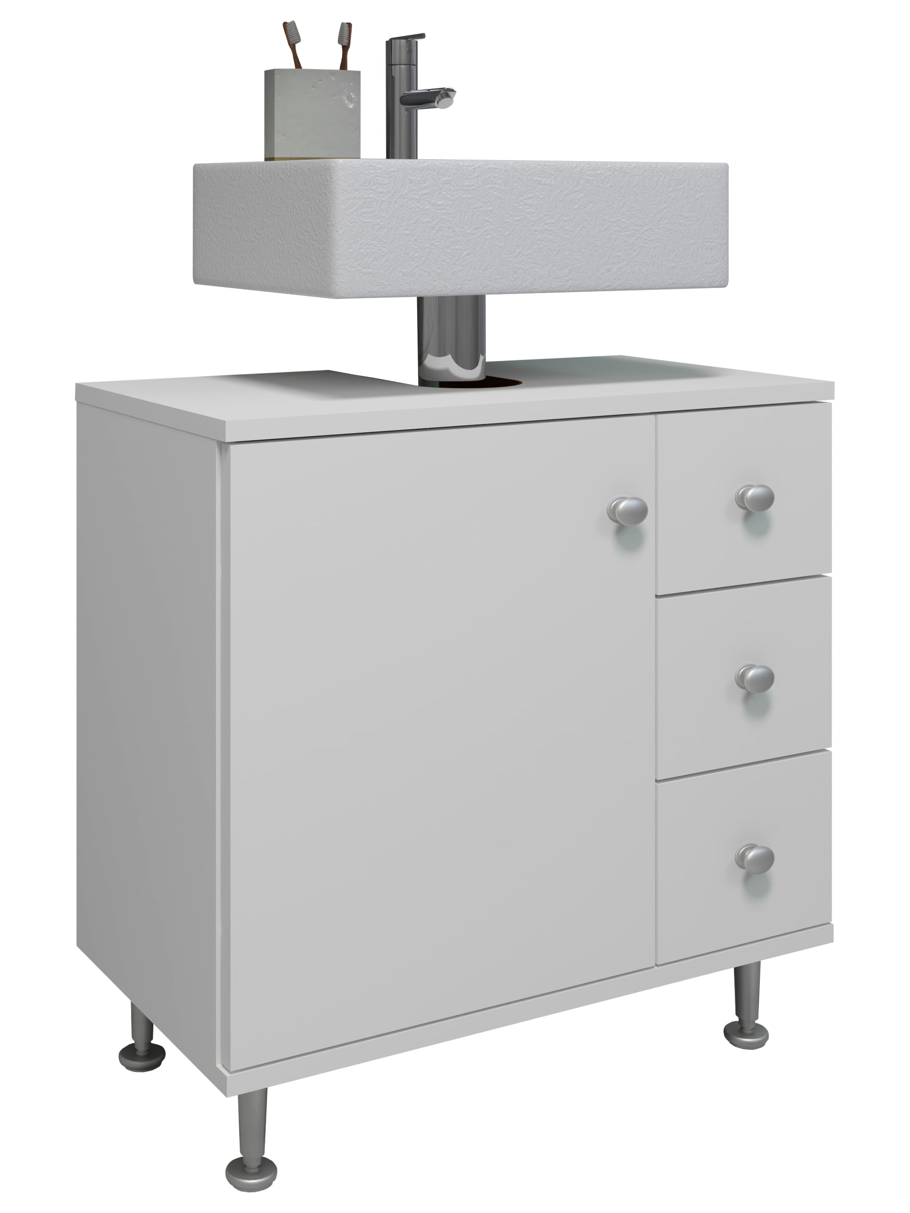 VCM Holz Waschbeckenunterschrank | Badschrank | Ma&szlig;e: H. 61 x B. 60 x T. 33 cm | 1 gro&szlig;e Dreht&uuml;r | 3 kleine Schubladen | 4 hohe F&uuml;&szlig;e - Nilosi M 