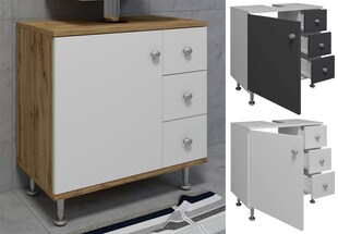 VCM Holz Waschbeckenunterschrank | Badschrank | Maße: H. 61 x B. 60 x T. 33 cm | 1 große Drehtür | 3 kleine Schubladen | 4 hohe Füße - Nilosi M 