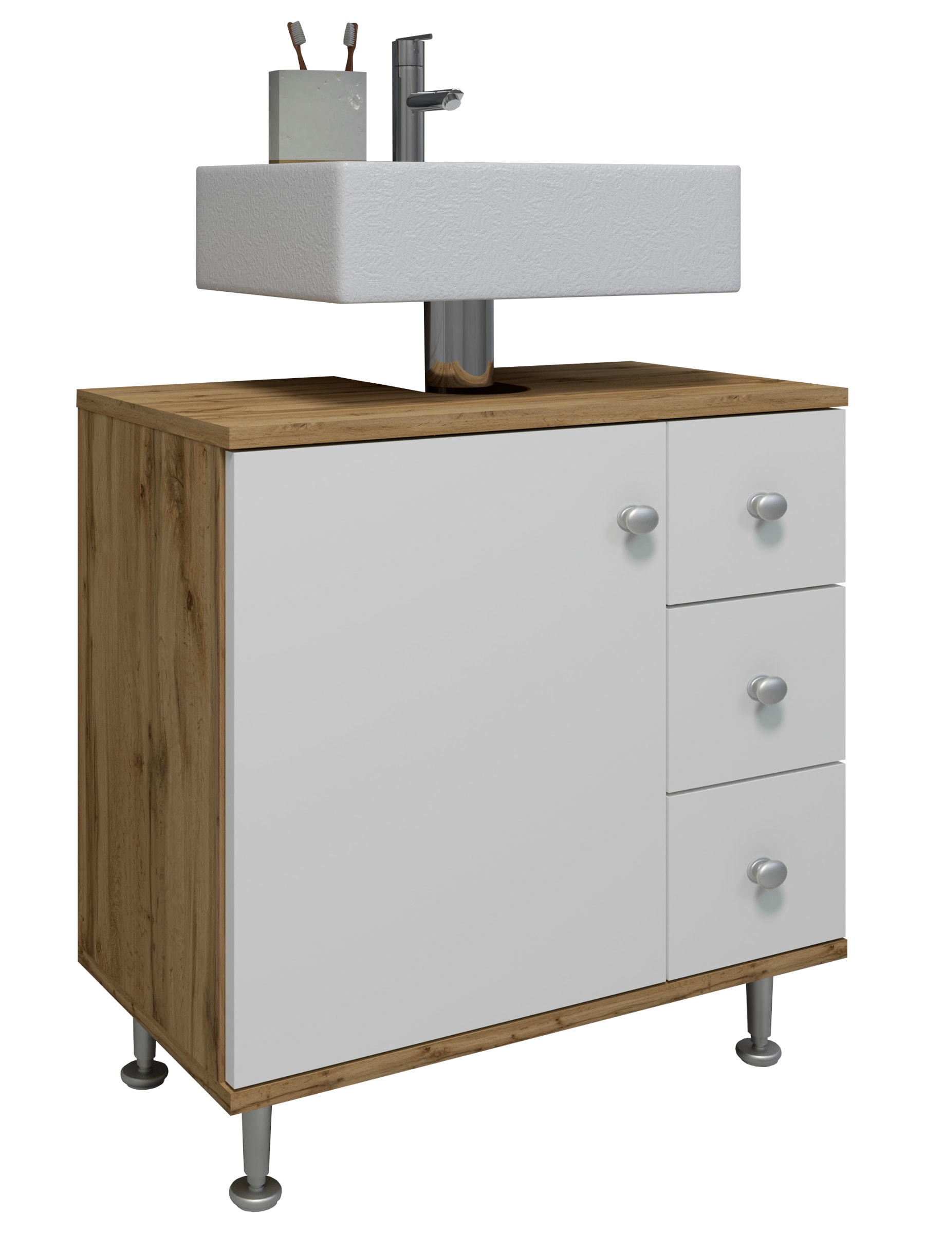 VCM Holz Waschbeckenunterschrank | Badschrank | Ma&szlig;e: H. 61 x B. 60 x T. 33 cm | 1 gro&szlig;e Dreht&uuml;r | 3 kleine Schubladen | 4 hohe F&uuml;&szlig;e - Nilosi M 