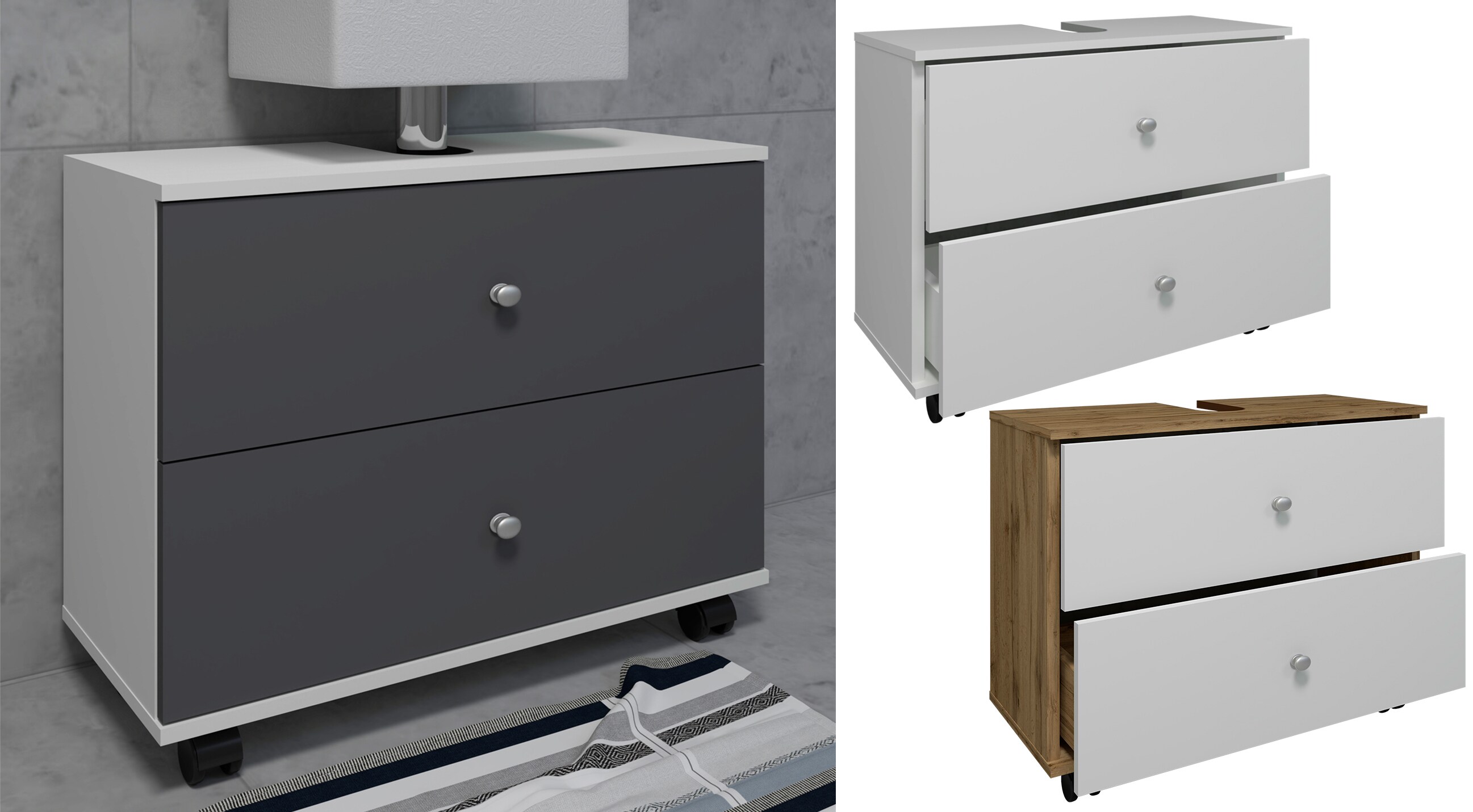 VCM Holz Waschbeckenunterschrank | Badschrank | Ma&szlig;e: H. 61 x B. 60 x T. 33 cm | 2 gro&szlig;e Schubladen | 4 Rollen - Nilosi L 