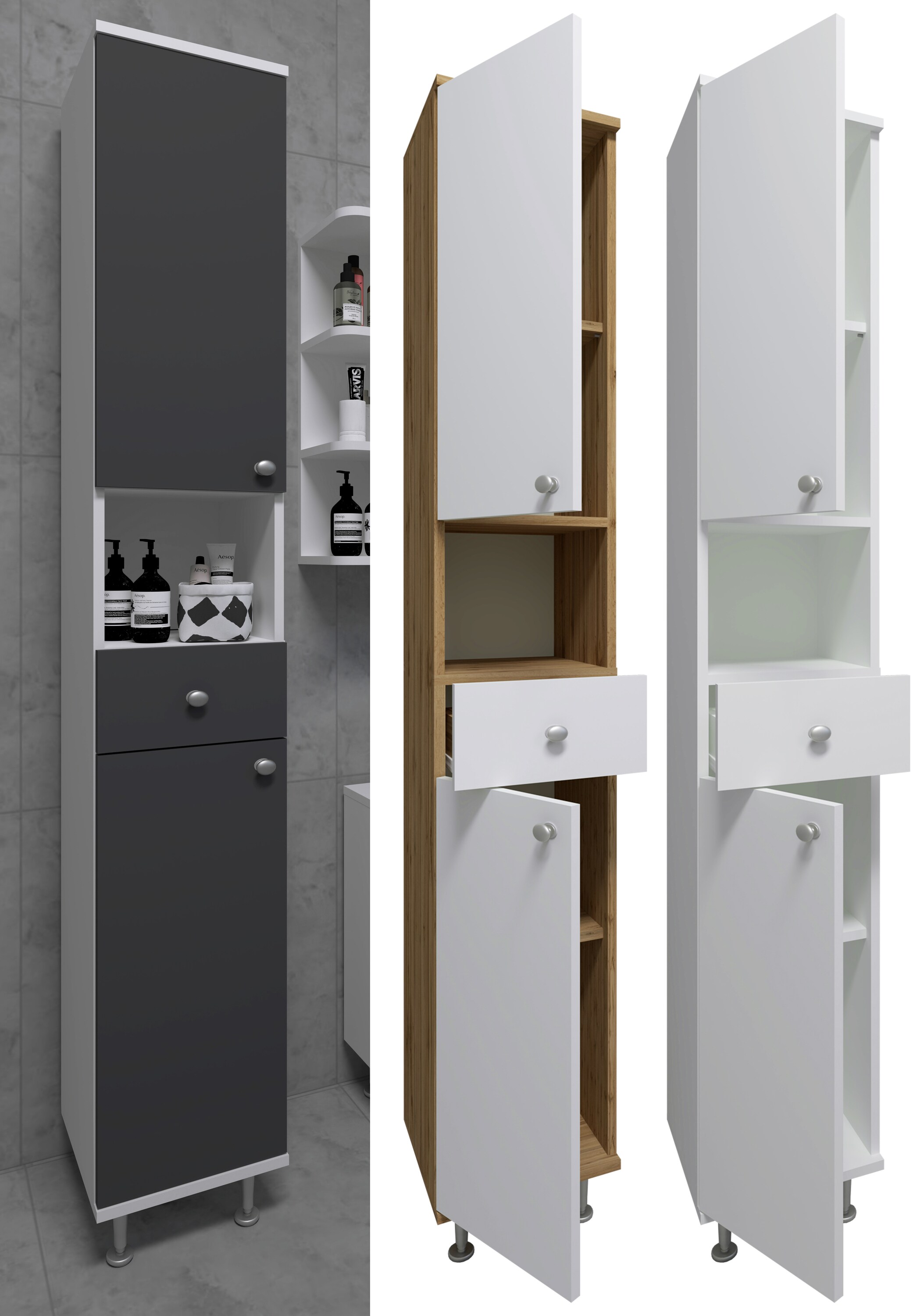 VCM Holz Badezimmerschrank | Badm&ouml;bel | Hochschrank | Badschrank | Ma&szlig;e ca. H. 185 x B. 30 x T. 31 cm - Nilosi 
